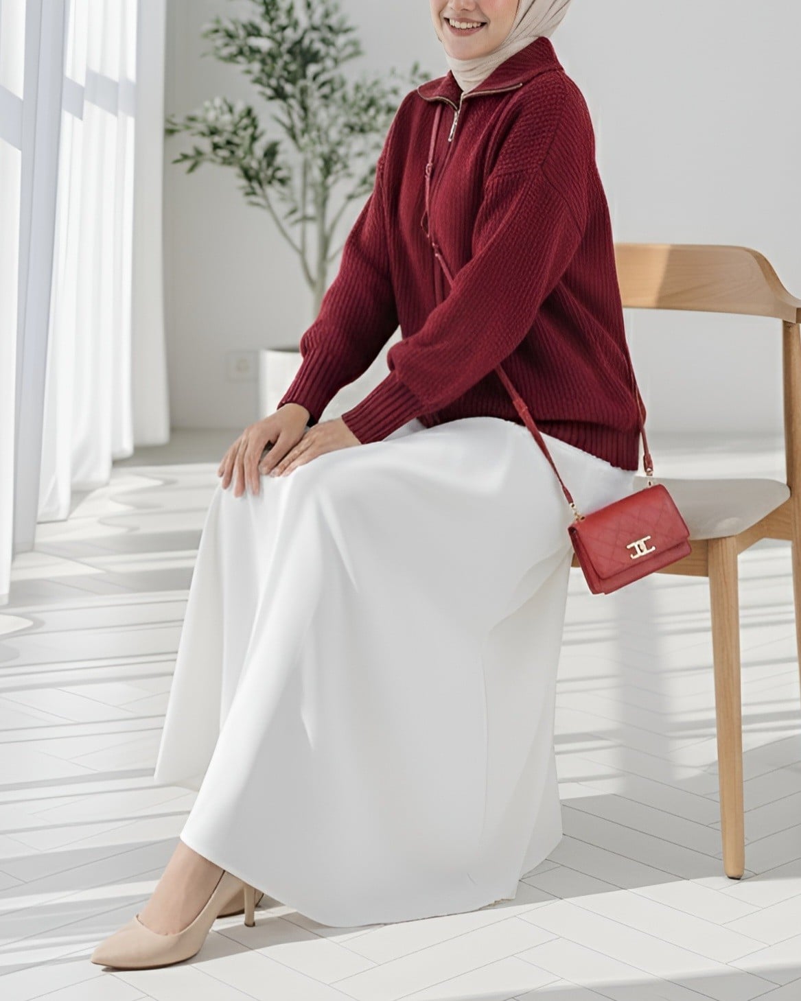 Half-Collar Zip-Up Knit Cardigan - Maroon - Podyumplus - by Peralane - photo 2