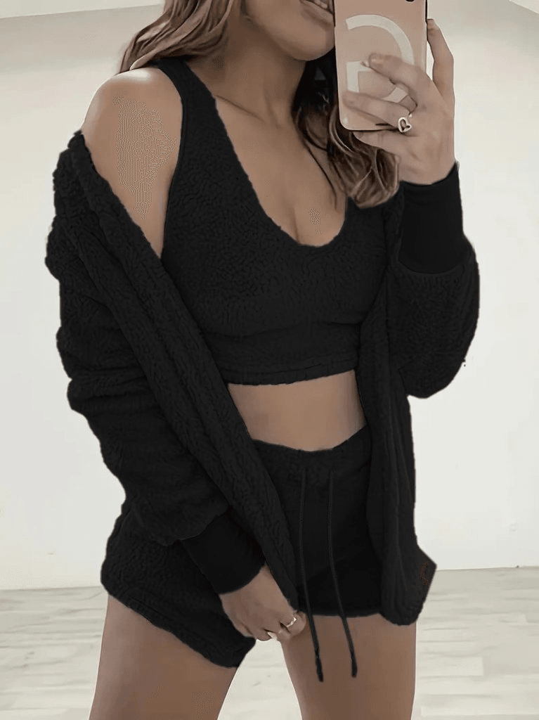 Women's Three-Piece Loungewear Set with Long-Sleeve Cardigan, Tank Top and Shorts - Janes - by Peralane