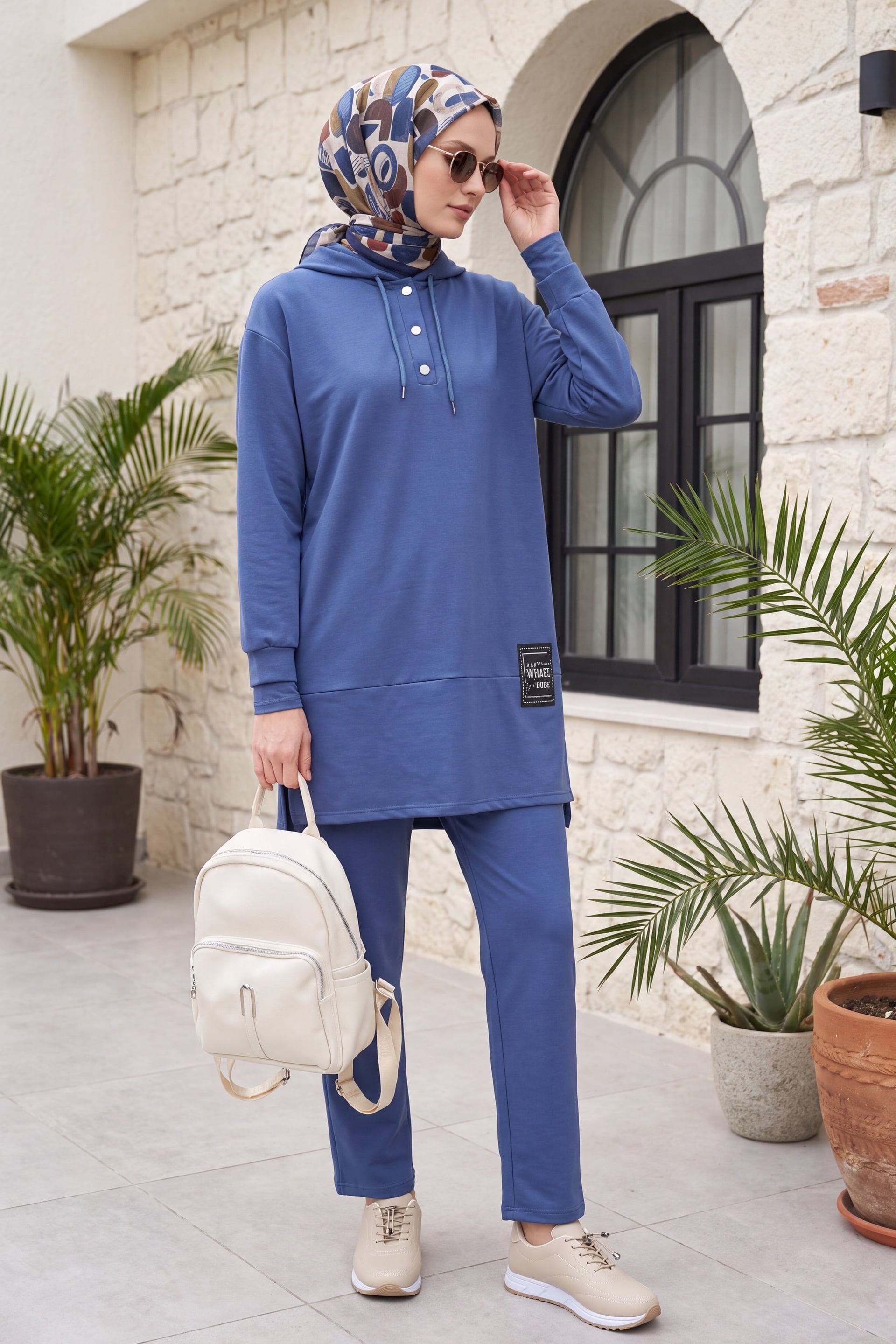 Two-Piece Hooded Loungewear Set with Snap Front and Trousers - Indigo - Podyumplus - by Peralane - photo 3
