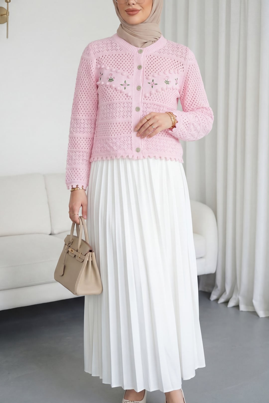 Pink Floral Embroidered Pom-Pom Button Knit Cardigan - Podyumplus - by Peralane - photo 2