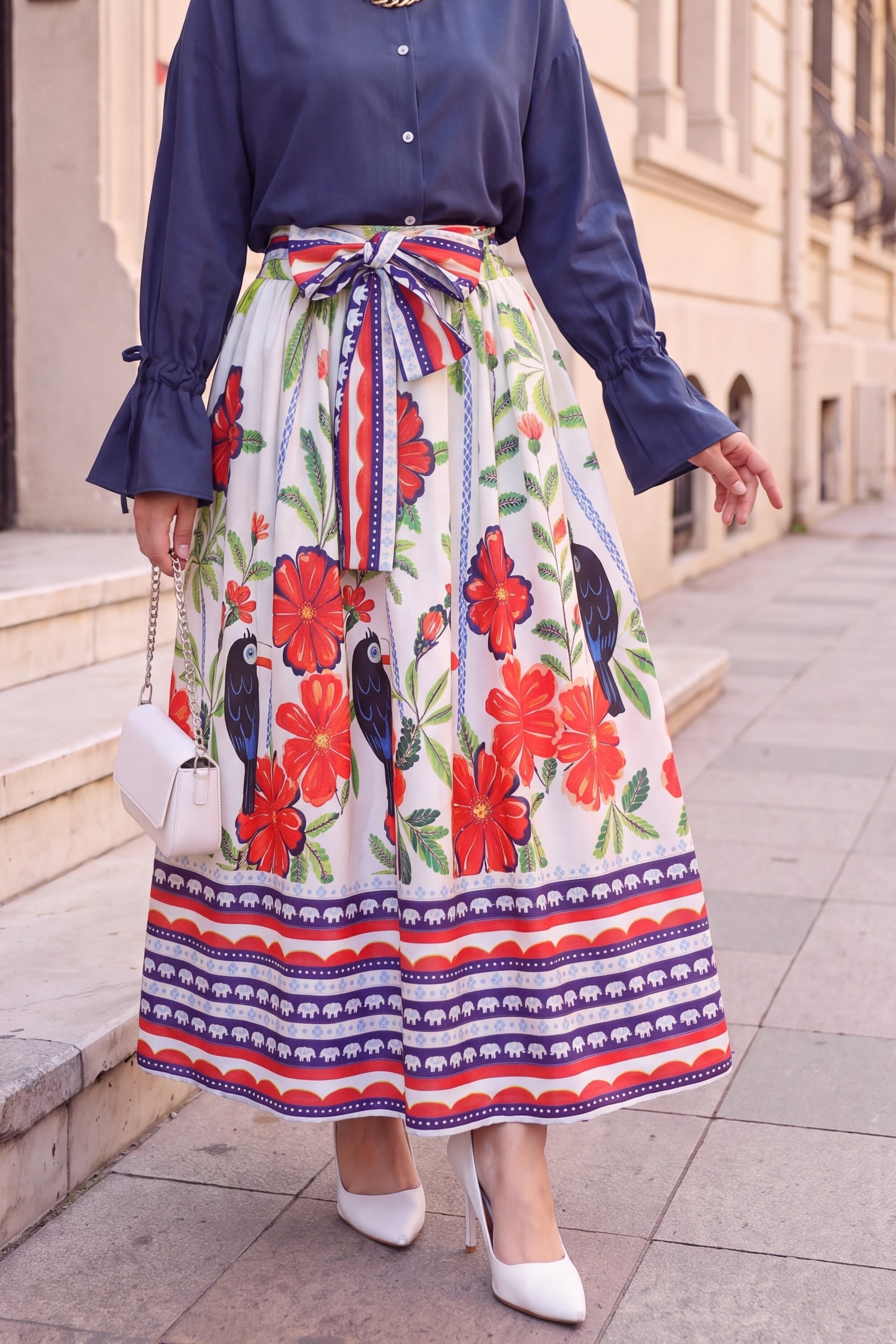 Elastic Waist Belted Tropical Print Skirt - White - Podyumplus - by Peralane - photo 2