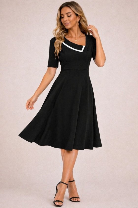 Women's Short Sleeve Asymmetric Neckline Midi Crepe Dress - Janes - by Peralane - photo 2