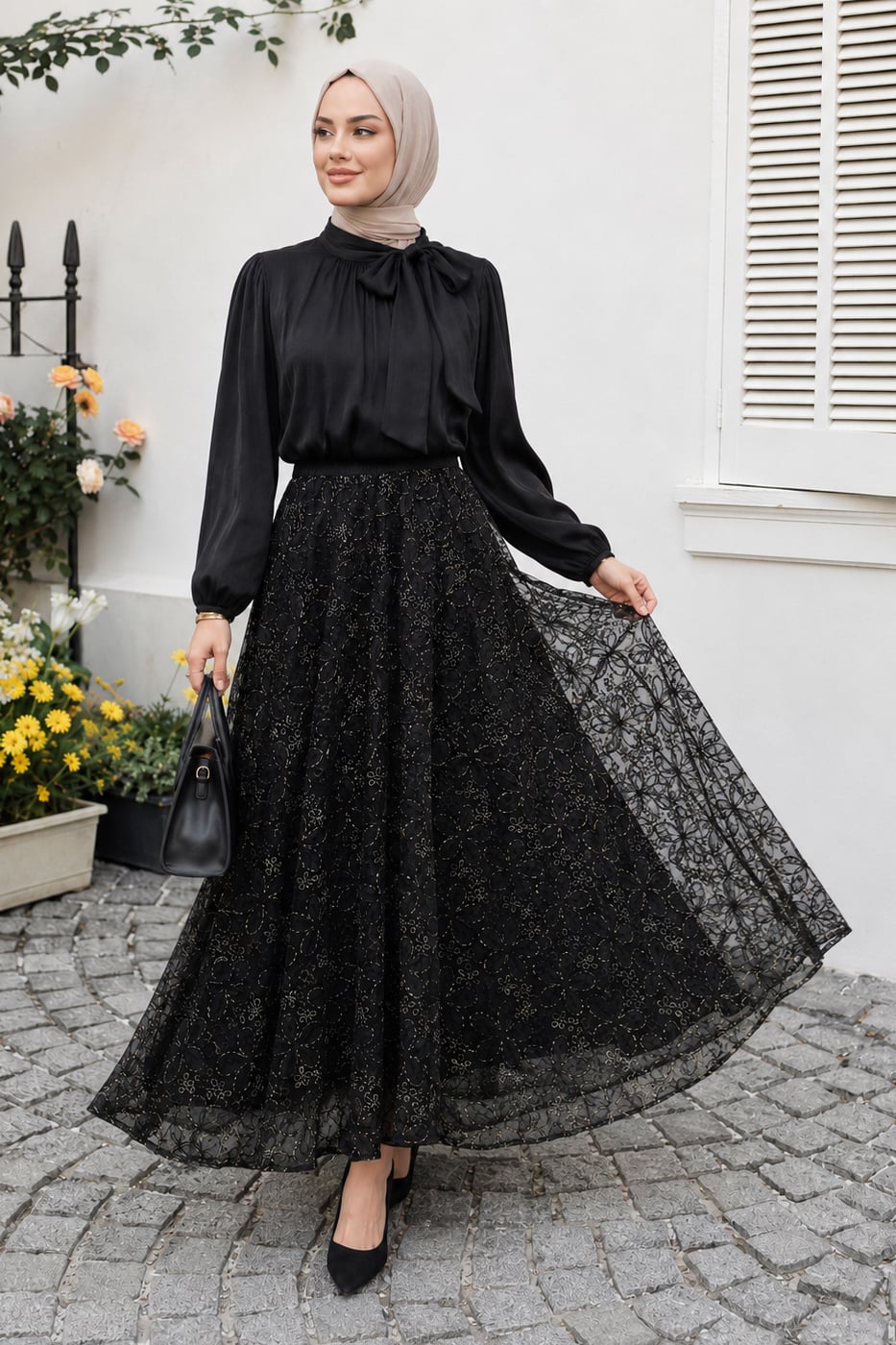 Black Lace Overlay A-Line Skirt with Gold Floral Pattern - Podyumplus - by Peralane - photo 2