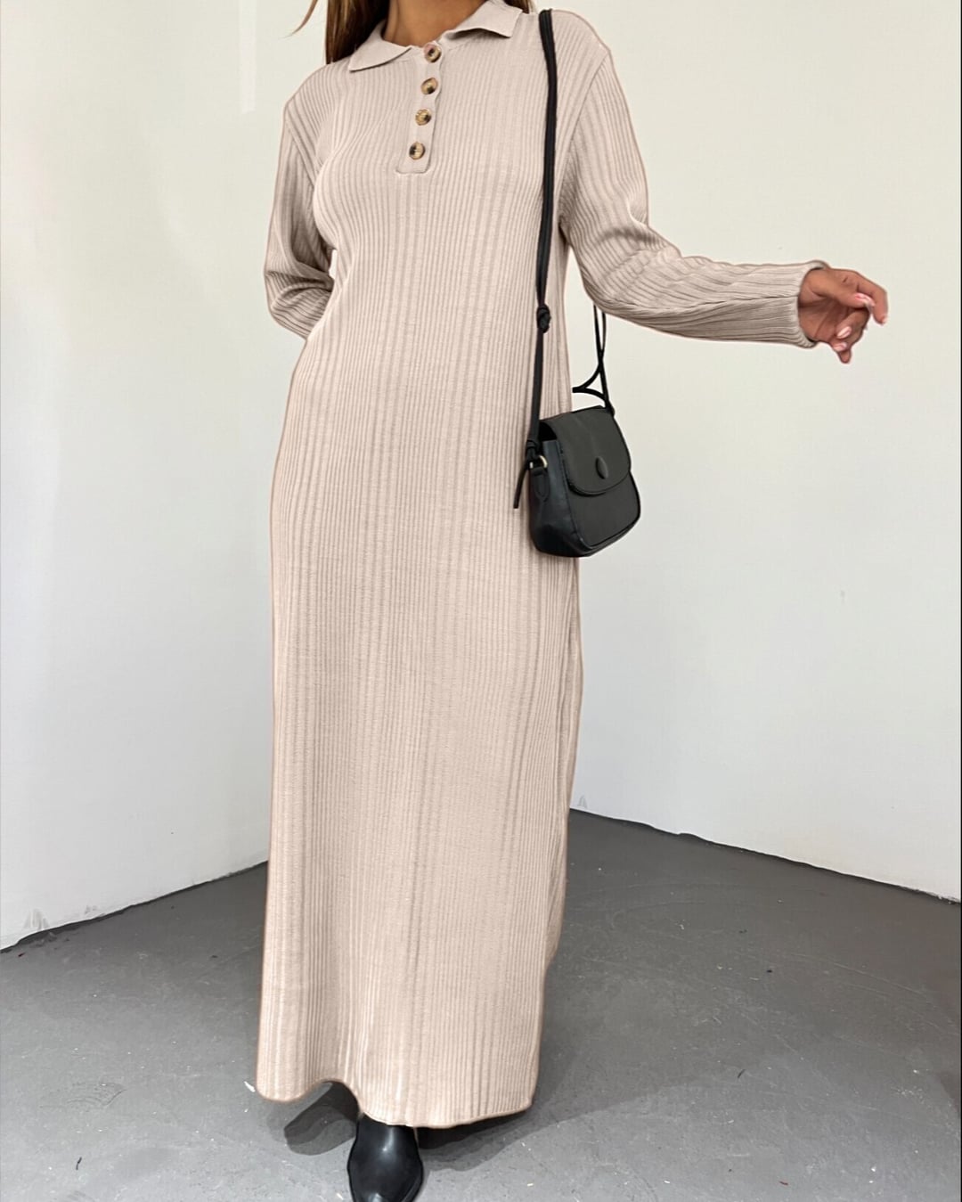 Polo Collar Buttoned Ribbed Knit Dress - Beige - Podyumplus - by Peralane - photo 3