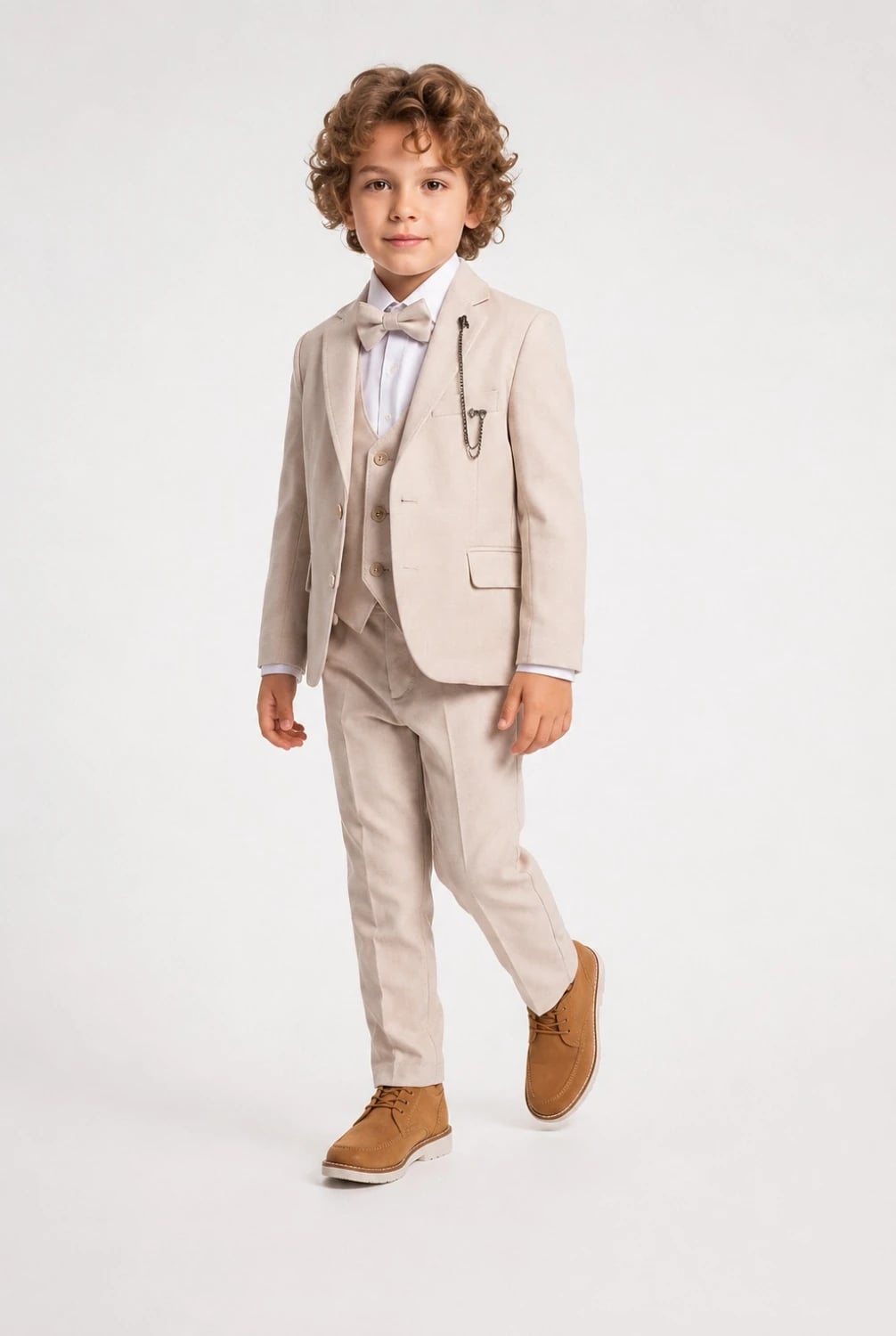 Boys' 5-Piece Linen Blend Suit Set in Beige - Terry - by Peralane