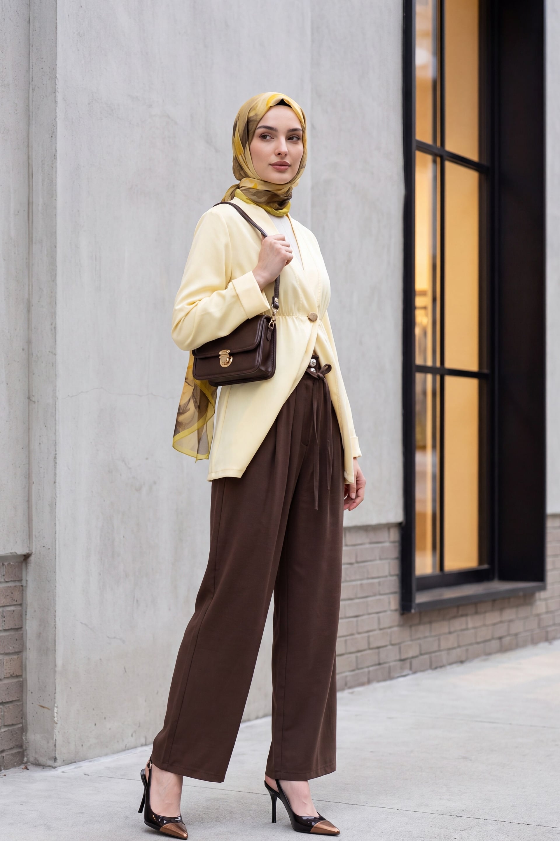 Pale Yellow Crepe Kimono Jacket with Elastic Waist and Folded Sleeves - Podyumplus - by Peralane - photo 5