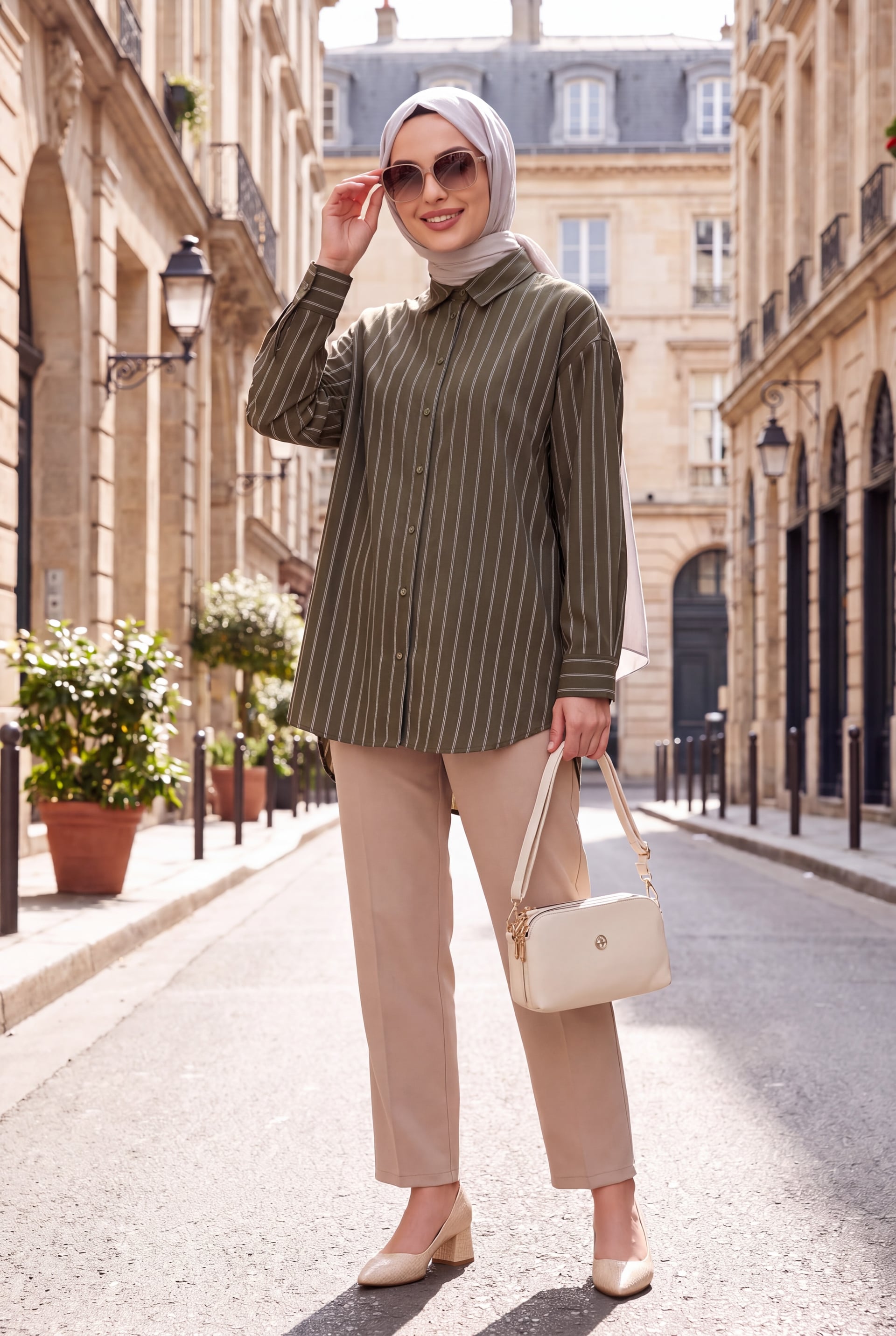 Striped Button Oval Cut Linen Look Shirt - Khaki - Podyumplus - by Peralane - photo 4