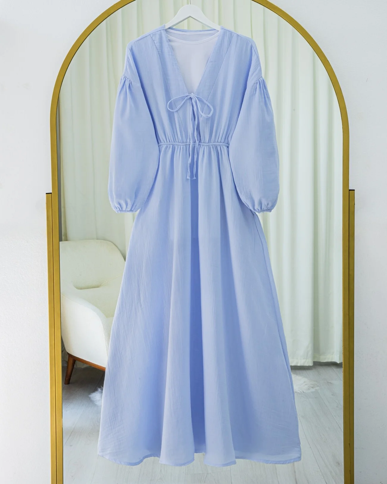 Tie-Front Long Muslin Dress with Elasticated Waist and Cuffs - Baby Blue - Podyumplus - by Peralane - photo 3