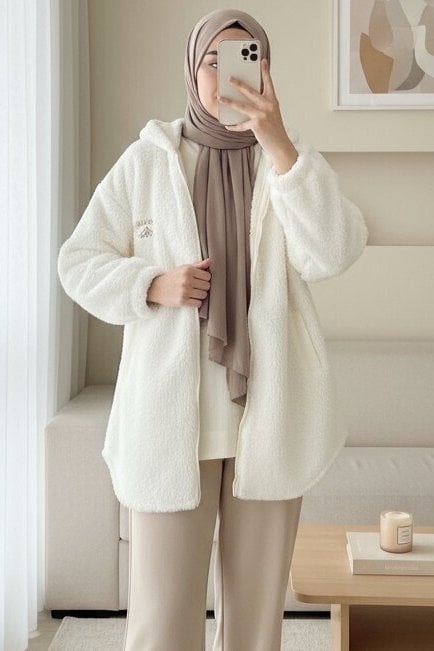 Hooded Zip-Up Lined Plush Coat - Ecru - Podyumplus - by Peralane