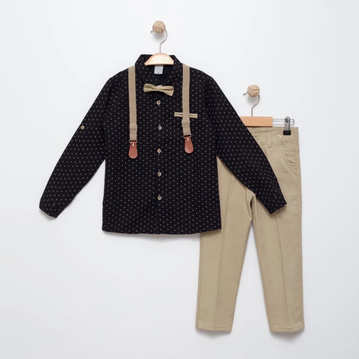 Boys' Oxford Fabric Suit Set with Bow Tie and Suspenders - Black - Terry - by Peralane