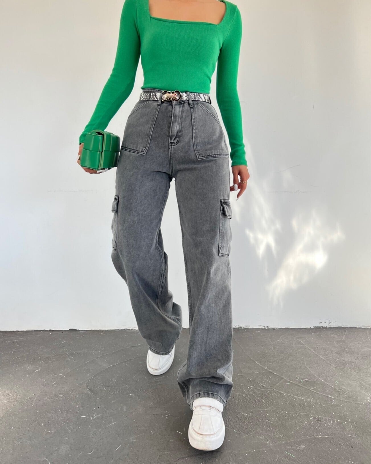 Washed Denim Cargo Trousers with Wide Leg - Smoke Grey - Podyumplus - by Peralane