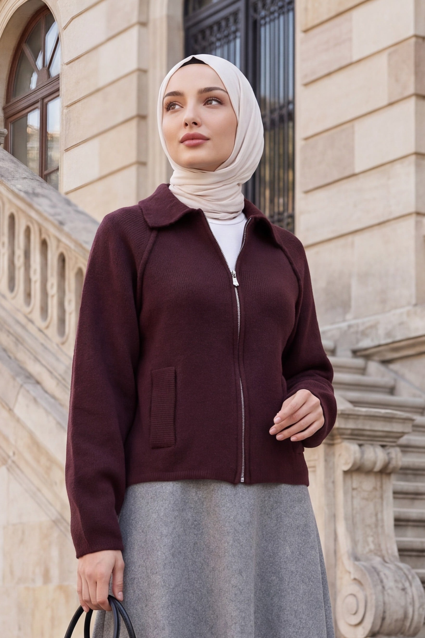 Polo Collar Zip Pocket Detail Knitted Cardigan - Burgundy - Podyumplus - by Peralane - photo 2