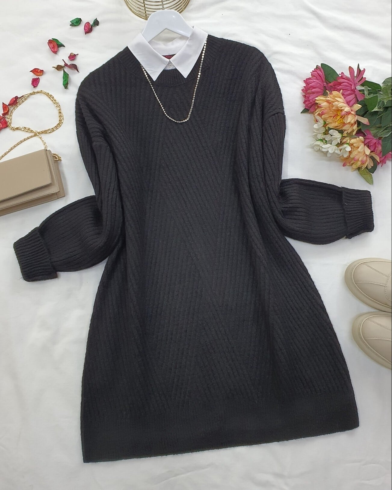 Black Chevron Pattern Knit Tunic with Crew Neck - Podyumplus - by Peralane - photo 4