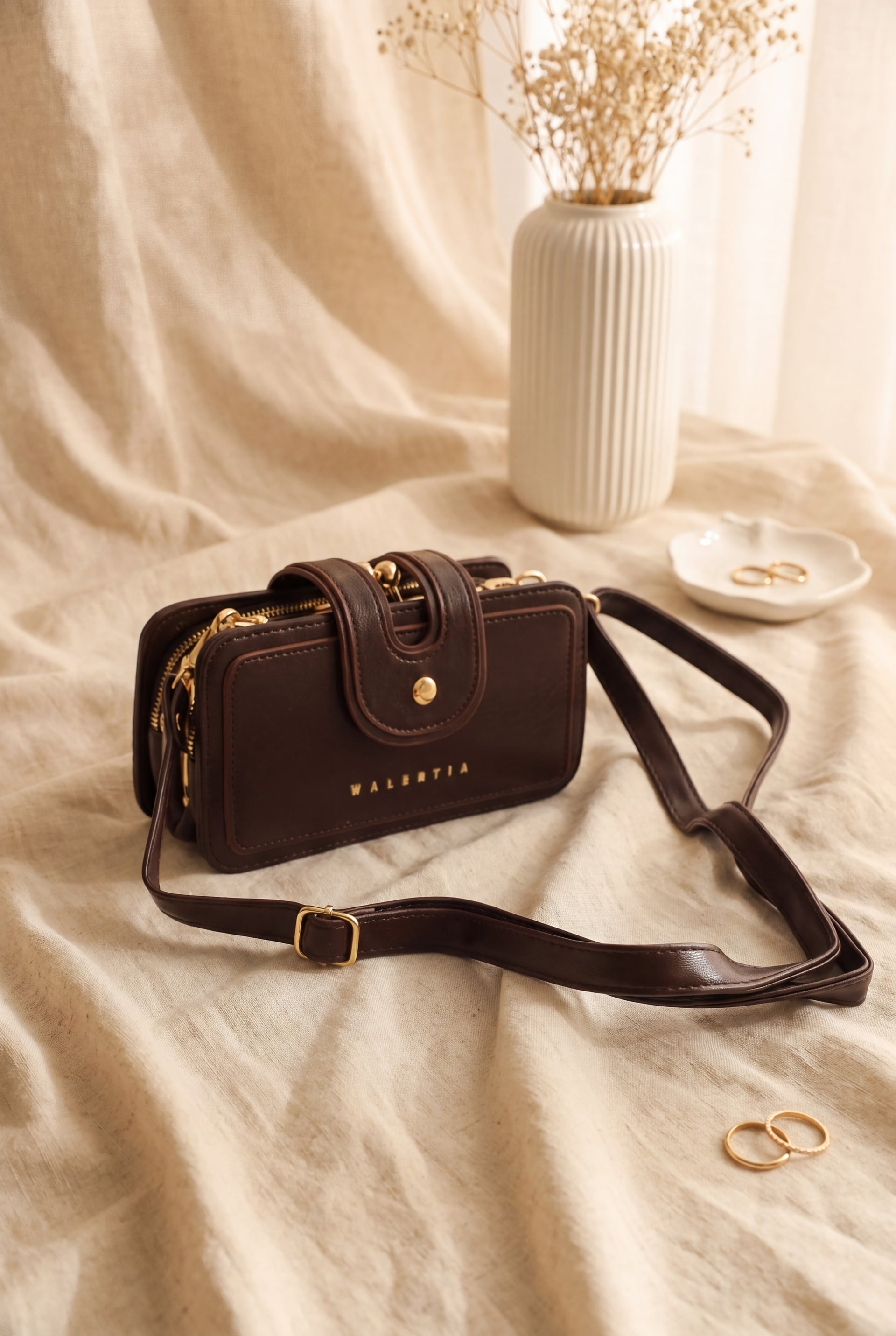 Gold Detail Multipurpose Hand and Shoulder Bag - Dark Brown - Podyumplus - by Peralane