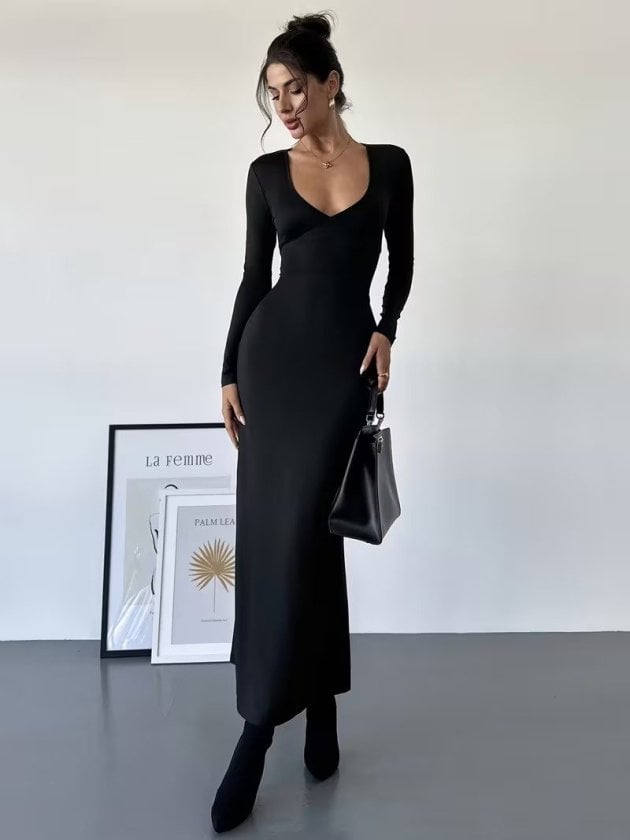 Women's Long Sleeve Deep Neckline Waist Tie Maxi Dress - Janes - by Peralane