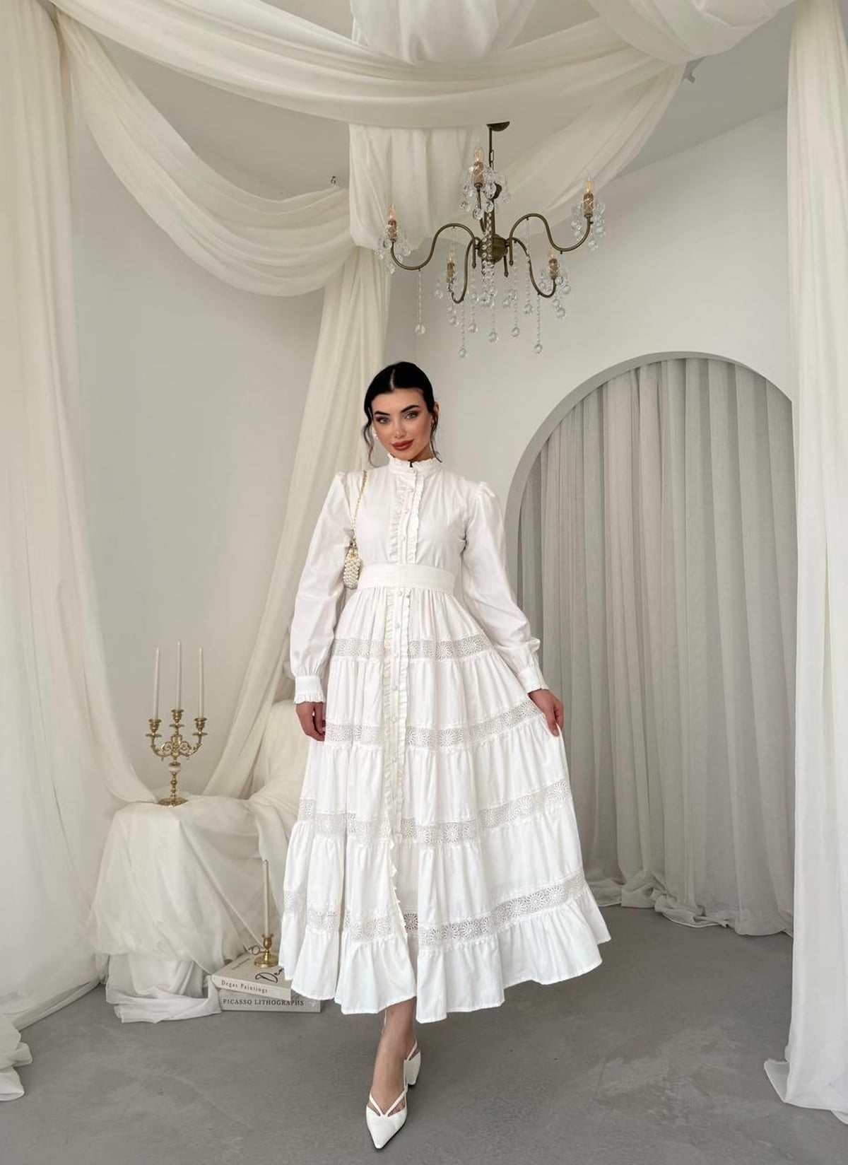 Ekru Poplin Dress with Belt and Lace Inserts - Etika - by Peralane - photo 4