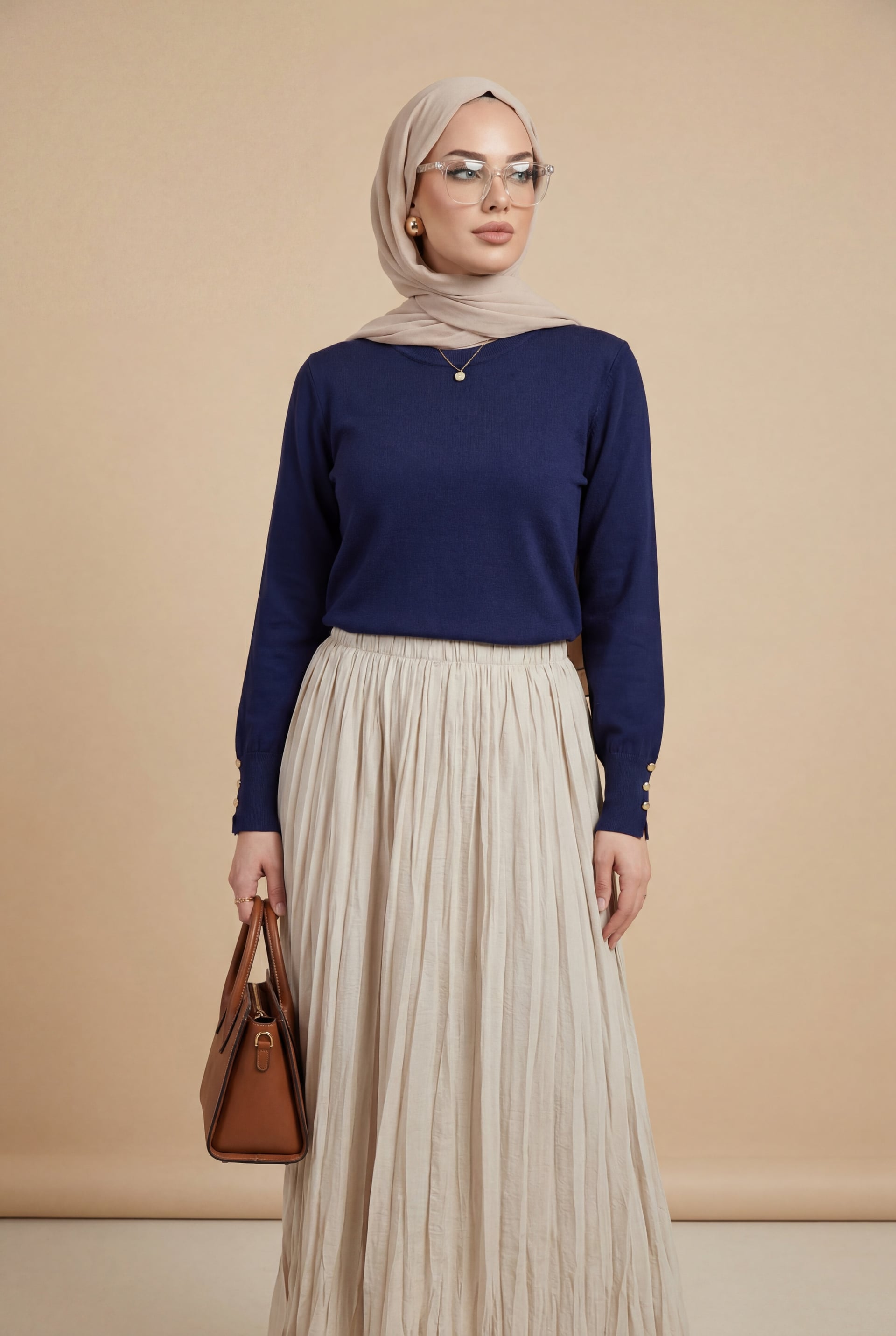 Round Neck Knit Tunic with Button Cuff Detail - Indigo - Podyumplus - by Peralane - photo 2