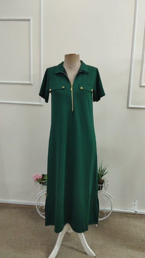Women's Short Sleeve Collared Zipper Long Viscose Two-Thread Dress in Dark Green - Janes - by Peralane - photo 4