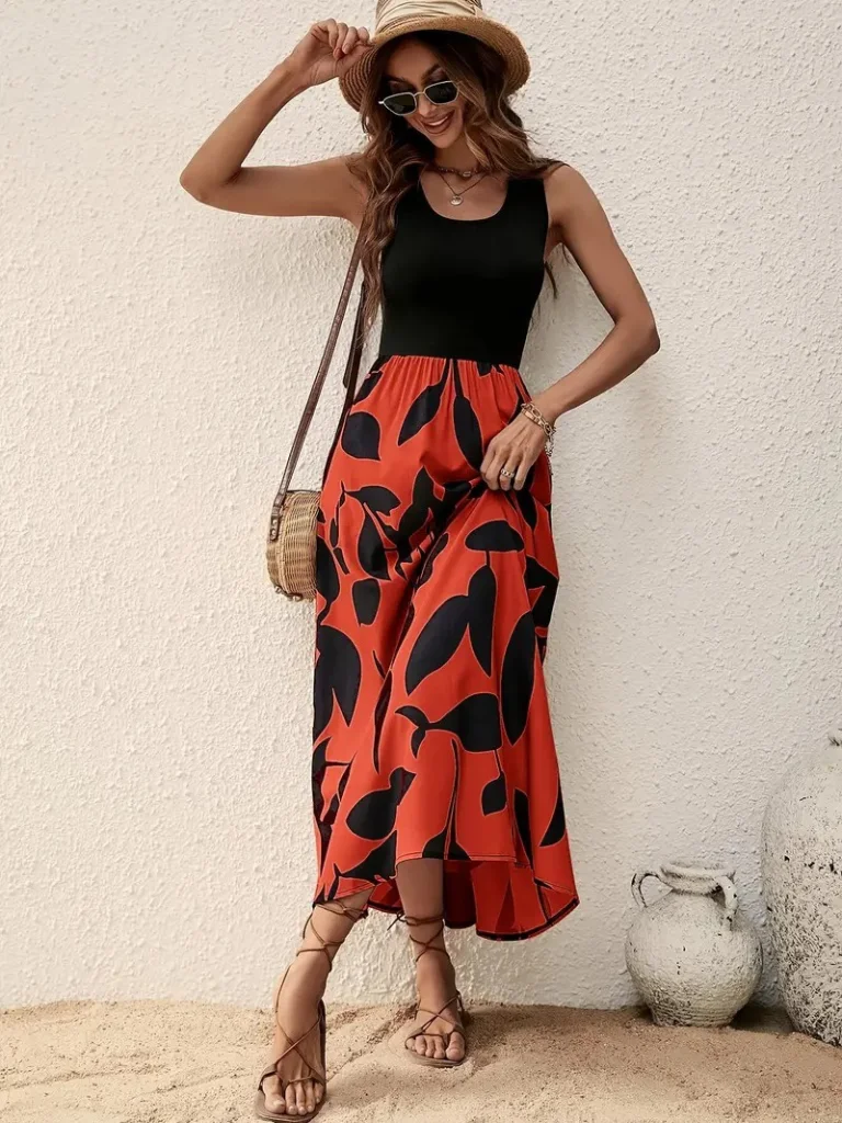 Women's Sleeveless Round Neck Long Suprem Dress with Patterned Skirt - Janes - by Peralane - photo 4
