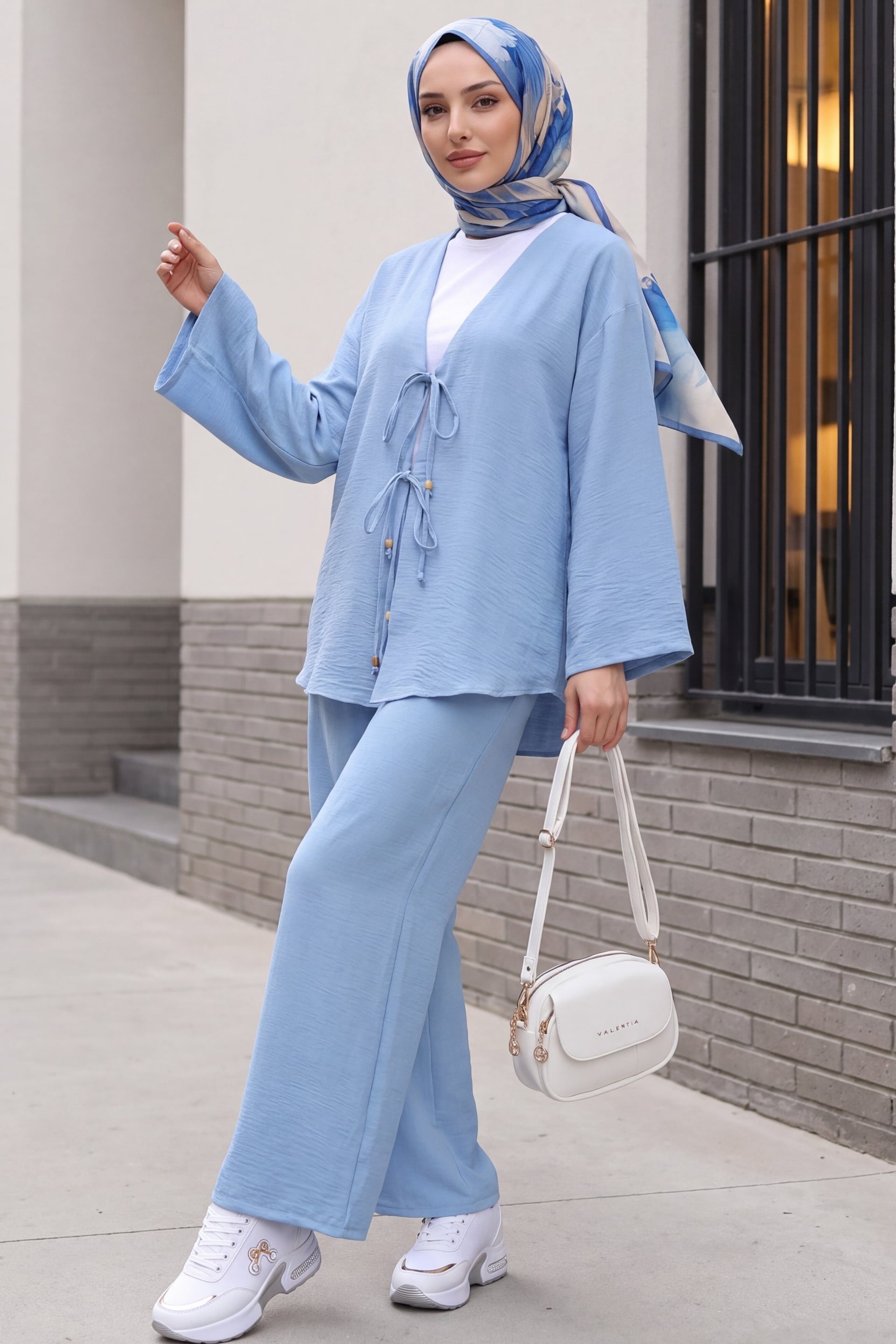 Women's Two-Piece Kimono Set with Tie-Front Top and Wide-Leg Trousers in Ice Blue - Podyumplus - by Peralane - photo 3