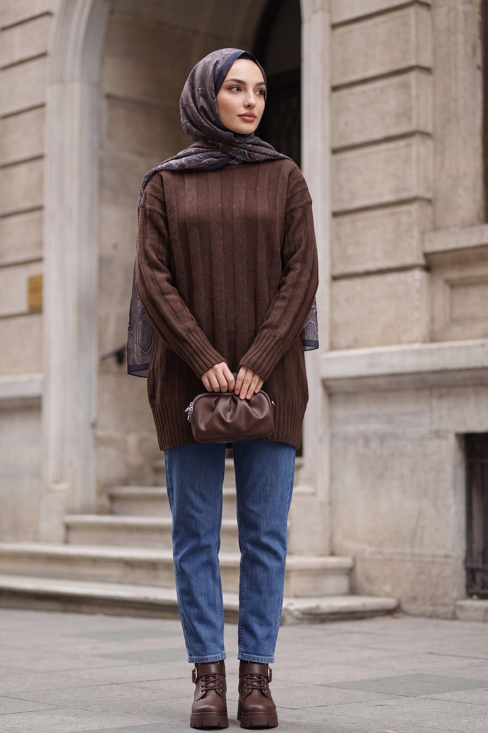 Half-Neck Striped Soft Knit Sweater - Brown - Podyumplus - by Peralane - photo 3