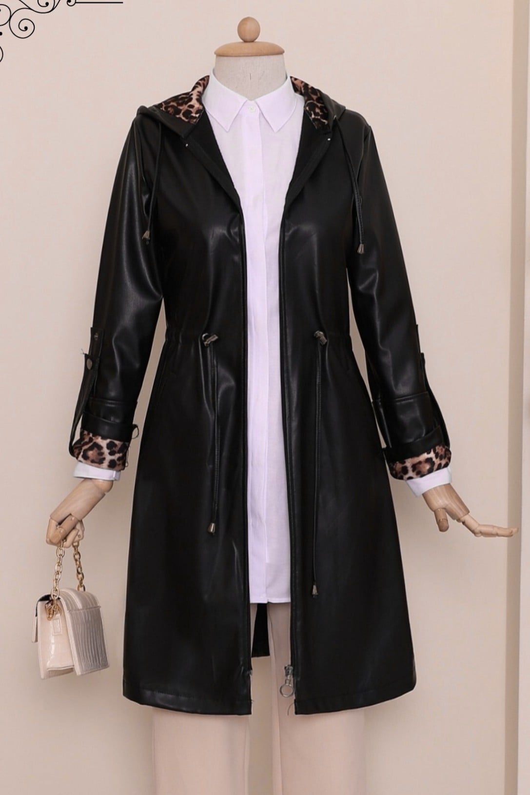 Black Faux Leather Hooded Coat with Drawstring Waist - Podyumplus - by Peralane - photo 4