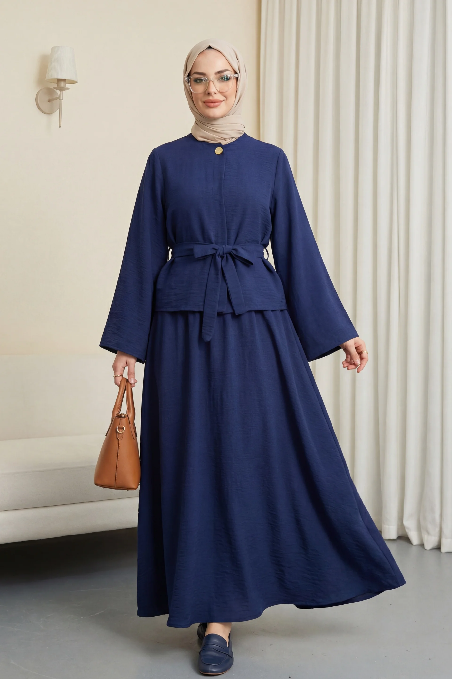 Navy Single Button Belted Skirt Set with Long-Sleeved Top and Maxi Skirt - Podyumplus - by Peralane