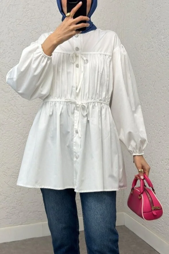 Ecru Lace-Up Front Long-Sleeve Shirt Tunic with Rhinestone Buttons - Podyumplus - by Peralane - photo 2