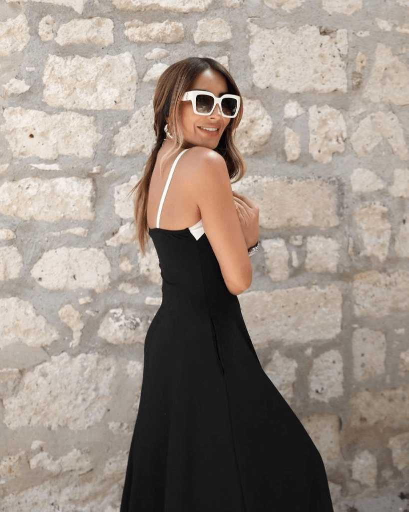 Women's Black Maxi Dress with White V-Neckline and Hem - Janes - by Peralane - photo 4