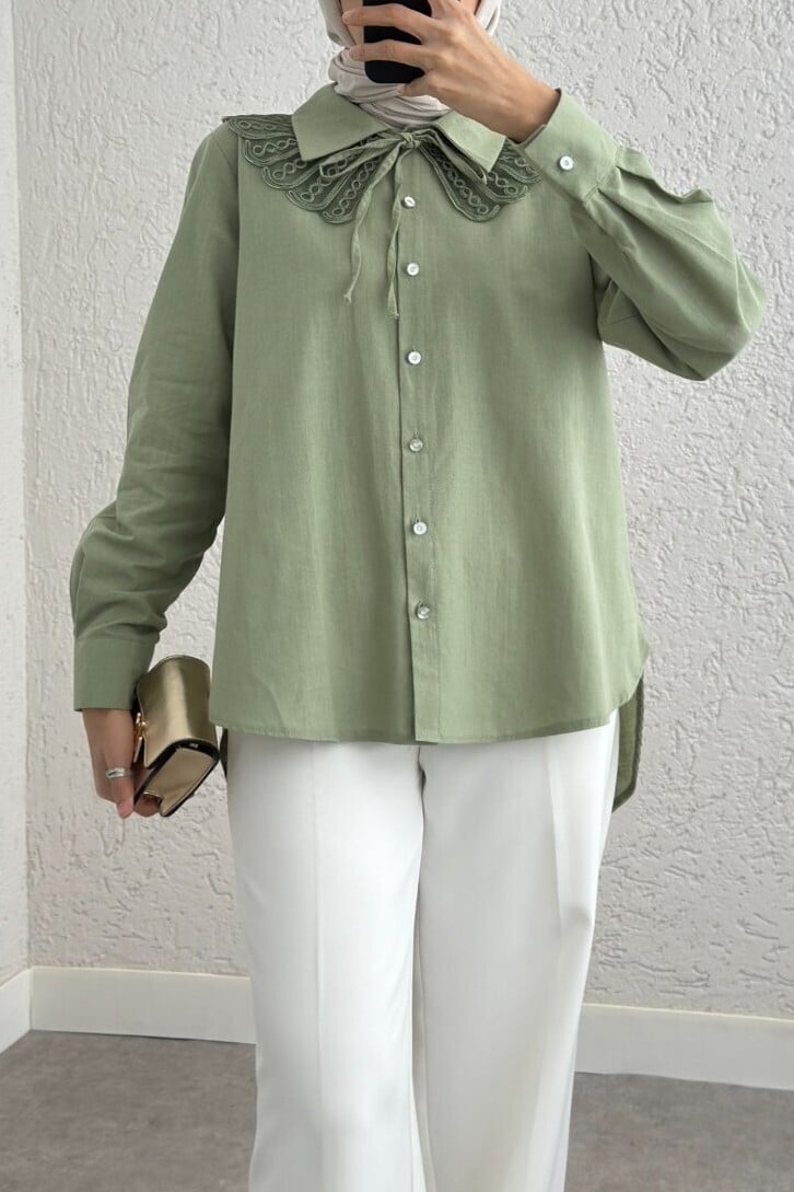 Sage Green Long Back Buttoned Modest Blouse with Scalloped Collar - Podyumplus - by Peralane - photo 3