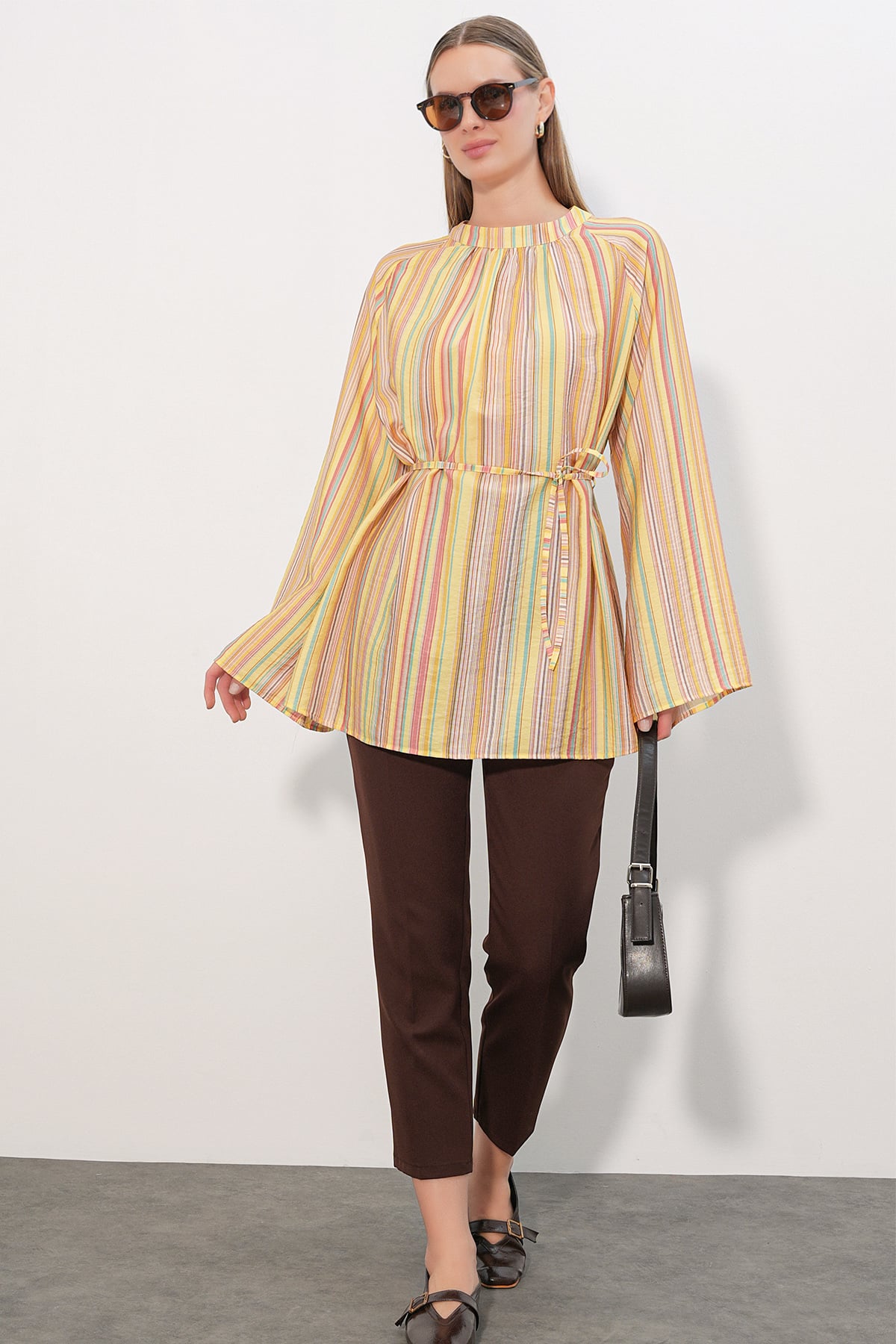 Women's Striped Oversize Tunica with Tie Belt - Yellow - Bigdart - by Peralane