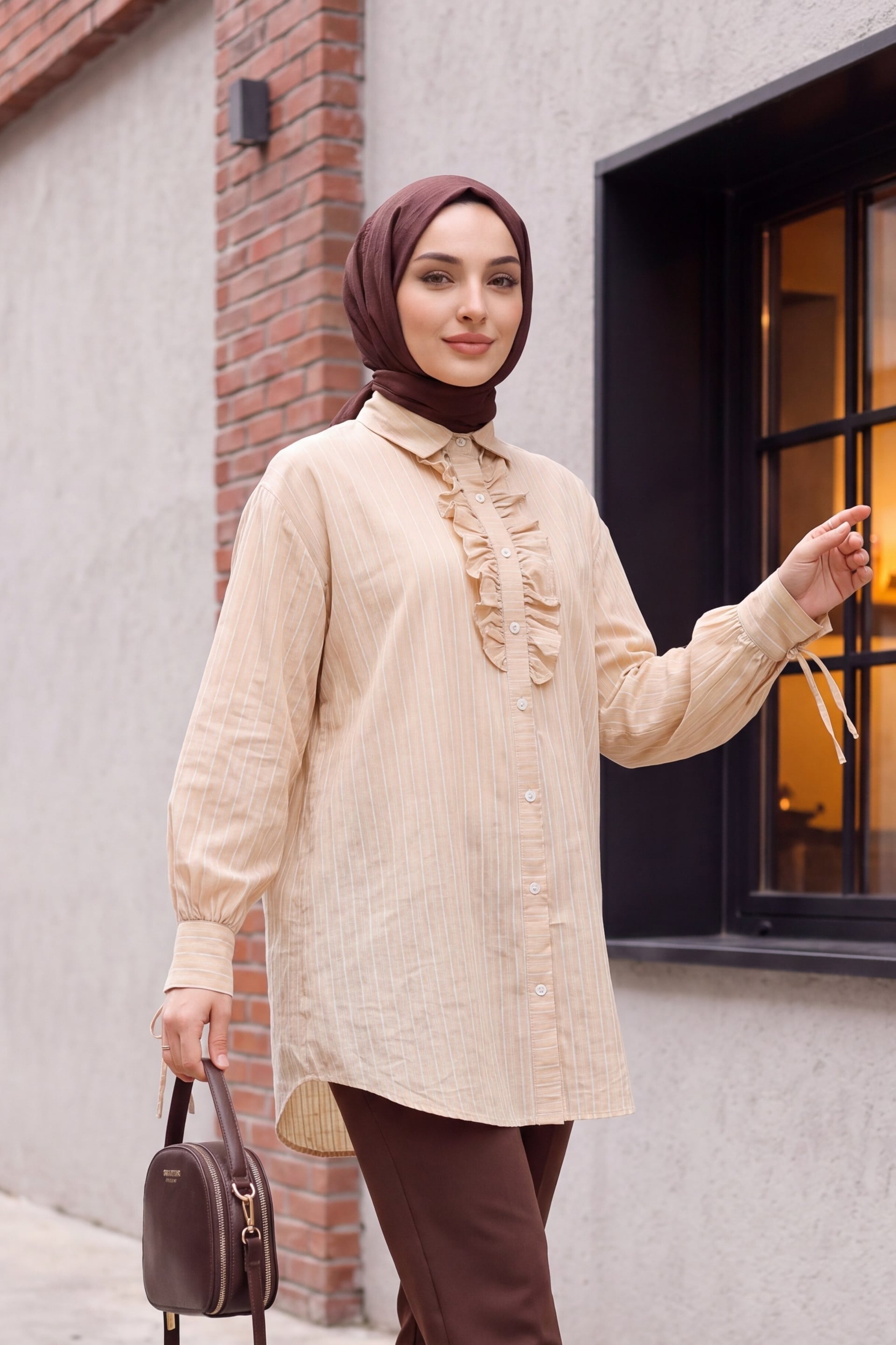 Long-Sleeved Striped Shirt Tunic with Ruffled Placket and Tie Cuffs - Beige - Podyumplus - by Peralane