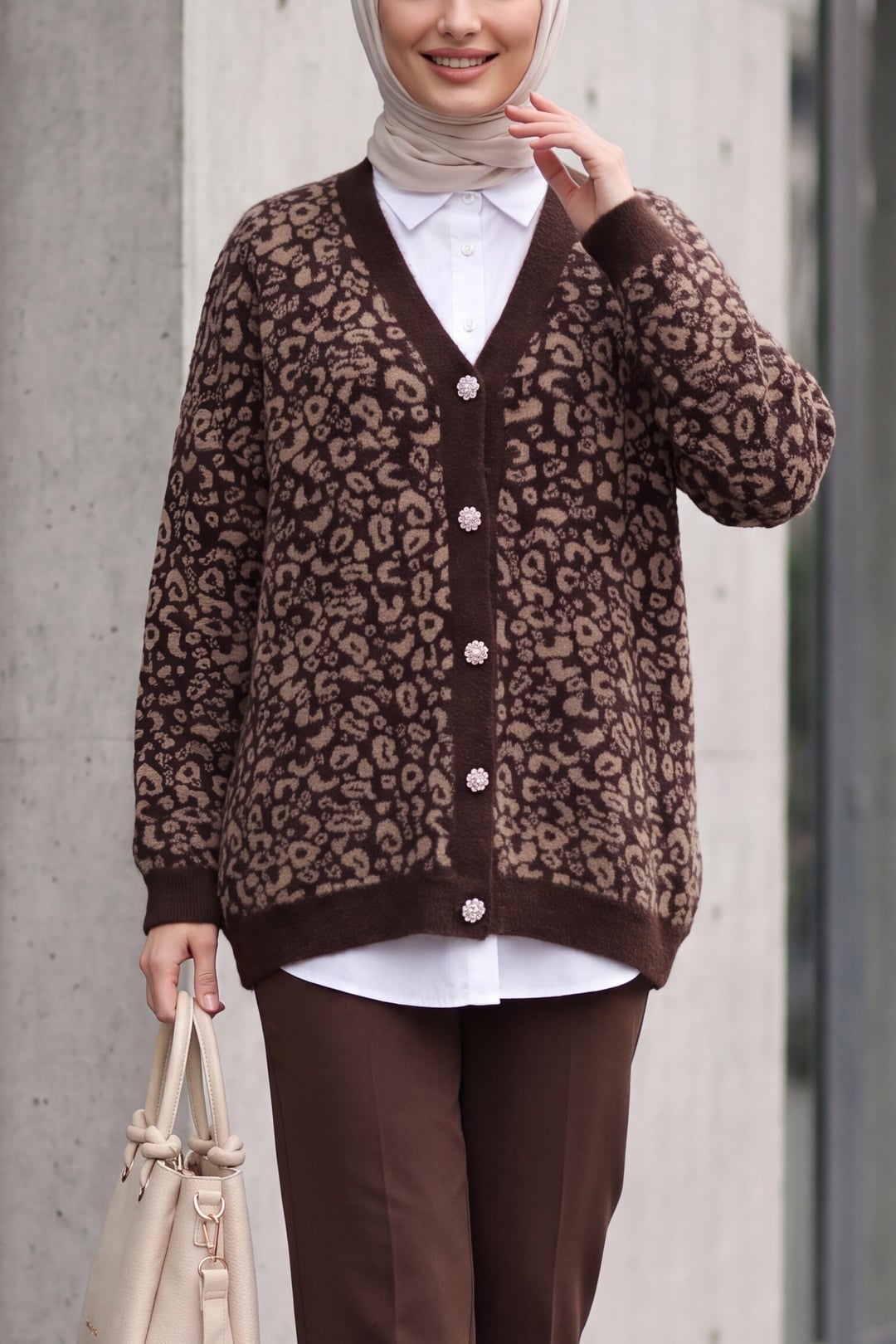 Leopard Print Buttoned Oversize Fringe Cardigan - Dark Brown - Podyumplus - by Peralane