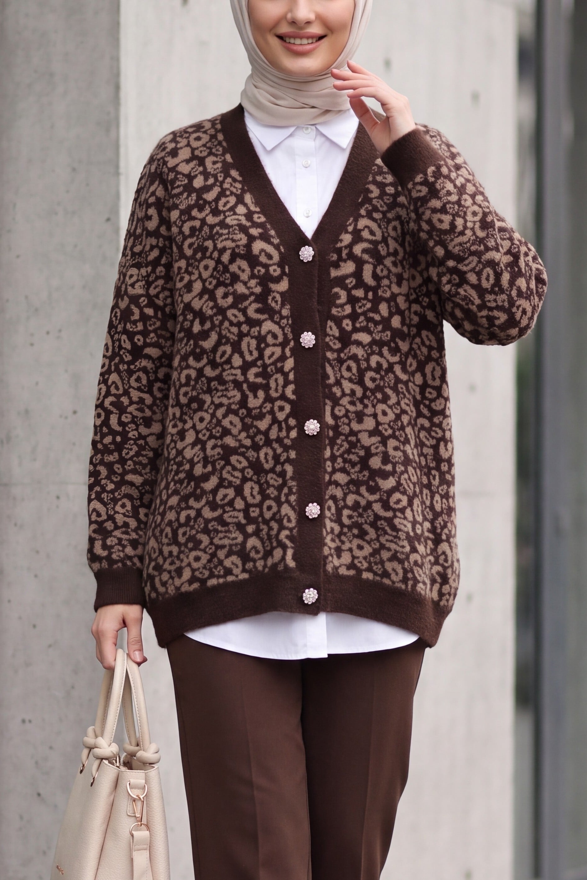Leopard Print Buttoned Oversize Fringe Cardigan - Dark Brown - Podyumplus - by Peralane