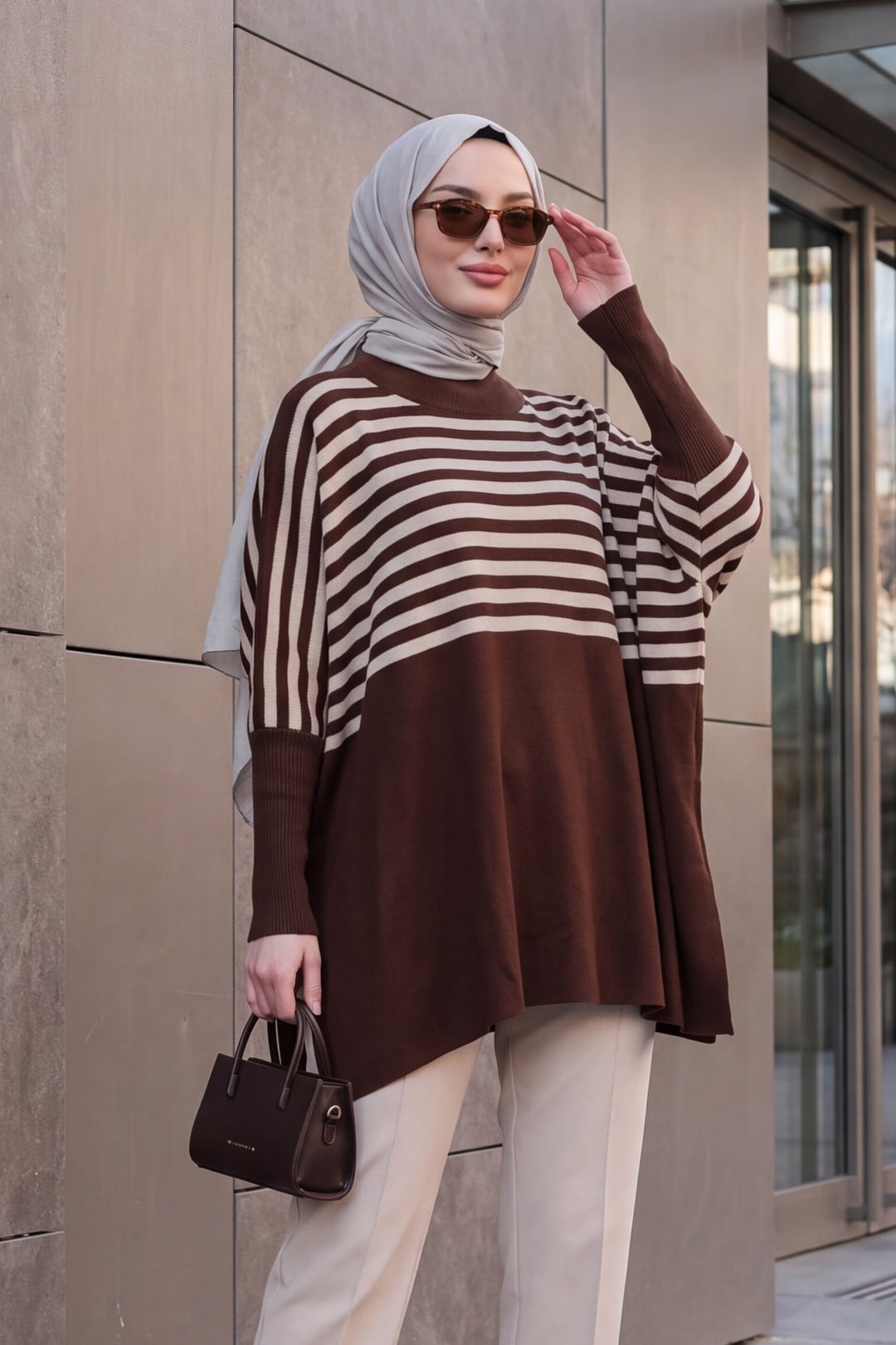 Oversize Pancho Knit Sweater with Side Slits - Brown - Bigdart - by Peralane - photo 2