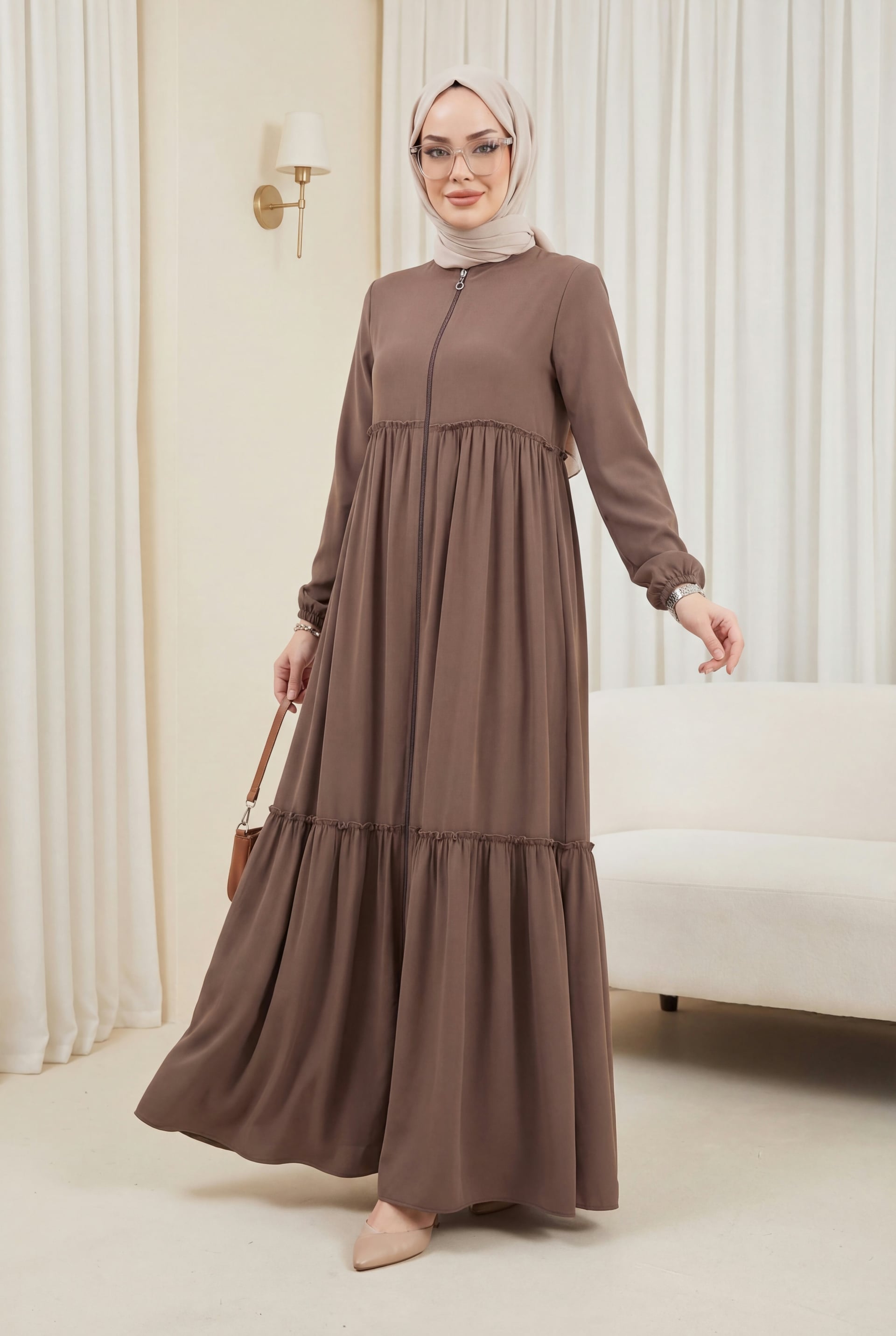 Long-Sleeved Maxi Ferace Dress with Full-Length Zipper - Brown - Podyumplus - by Peralane