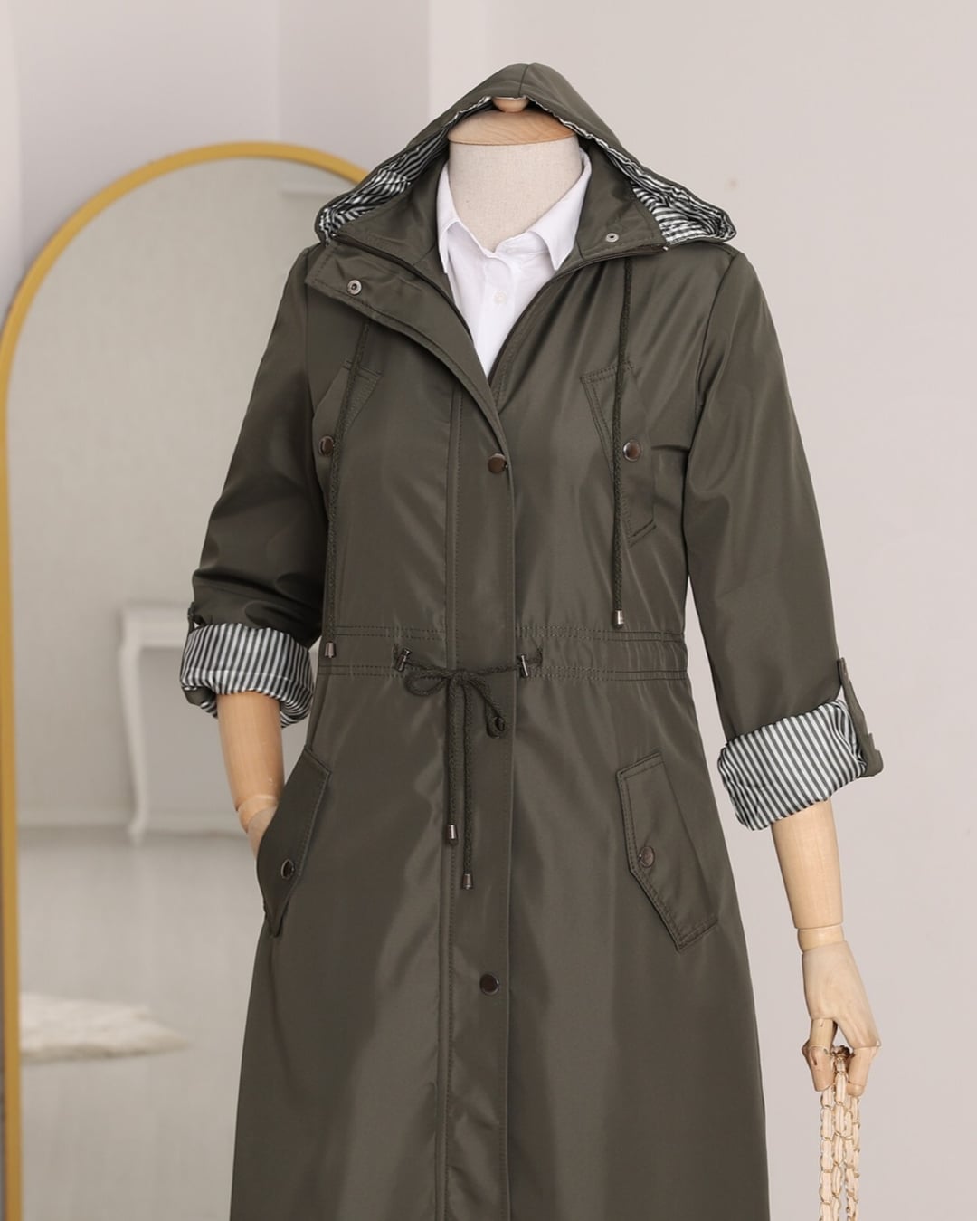 Striped Lined Trench Coat - Khaki - Podyumplus - by Peralane - photo 5