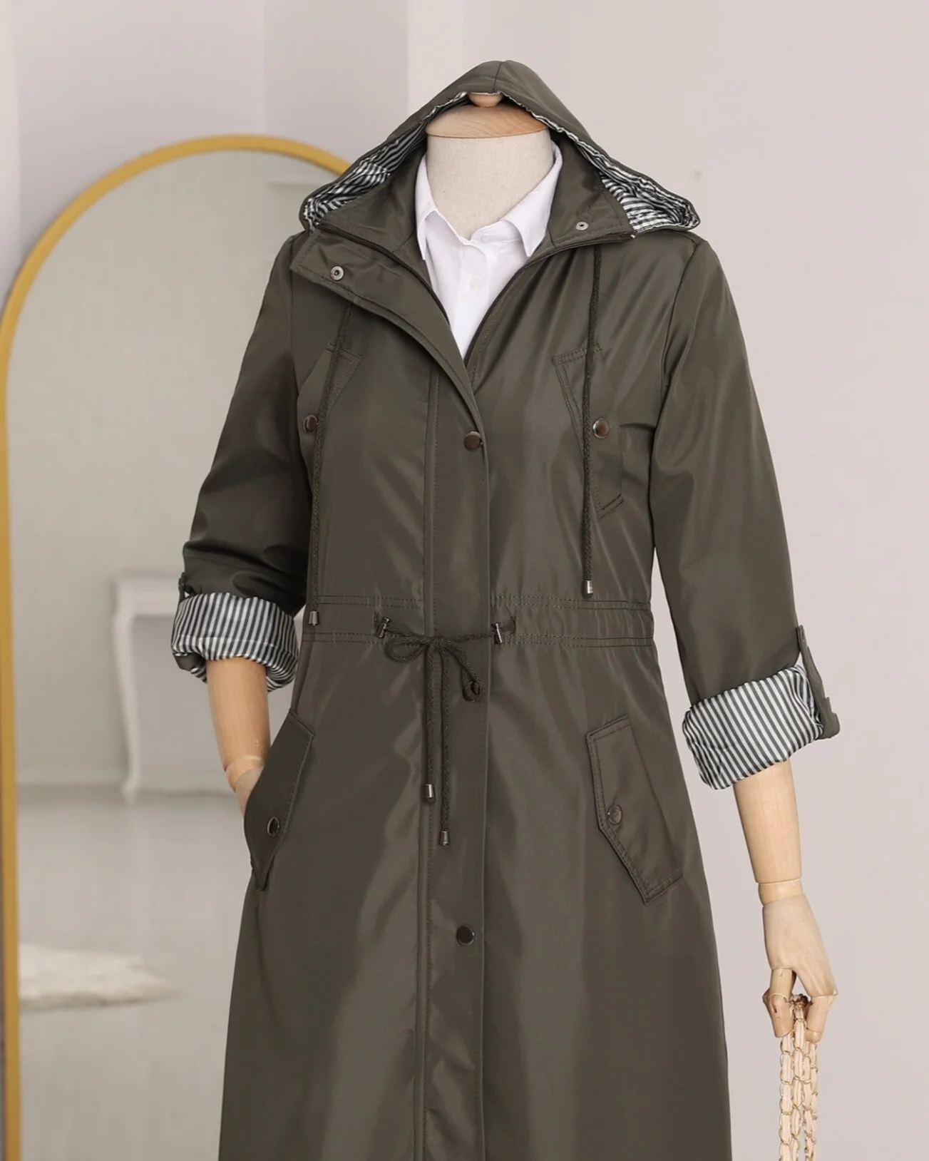 Striped Lined Trench Coat - Khaki - Podyumplus - by Peralane - photo 5
