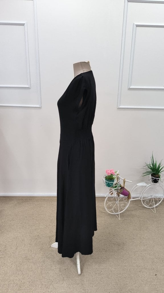 Women's Black Short-Sleeved V-Neck Button-Front Midi Woven Viscose Dress - Janes - by Peralane - photo 6