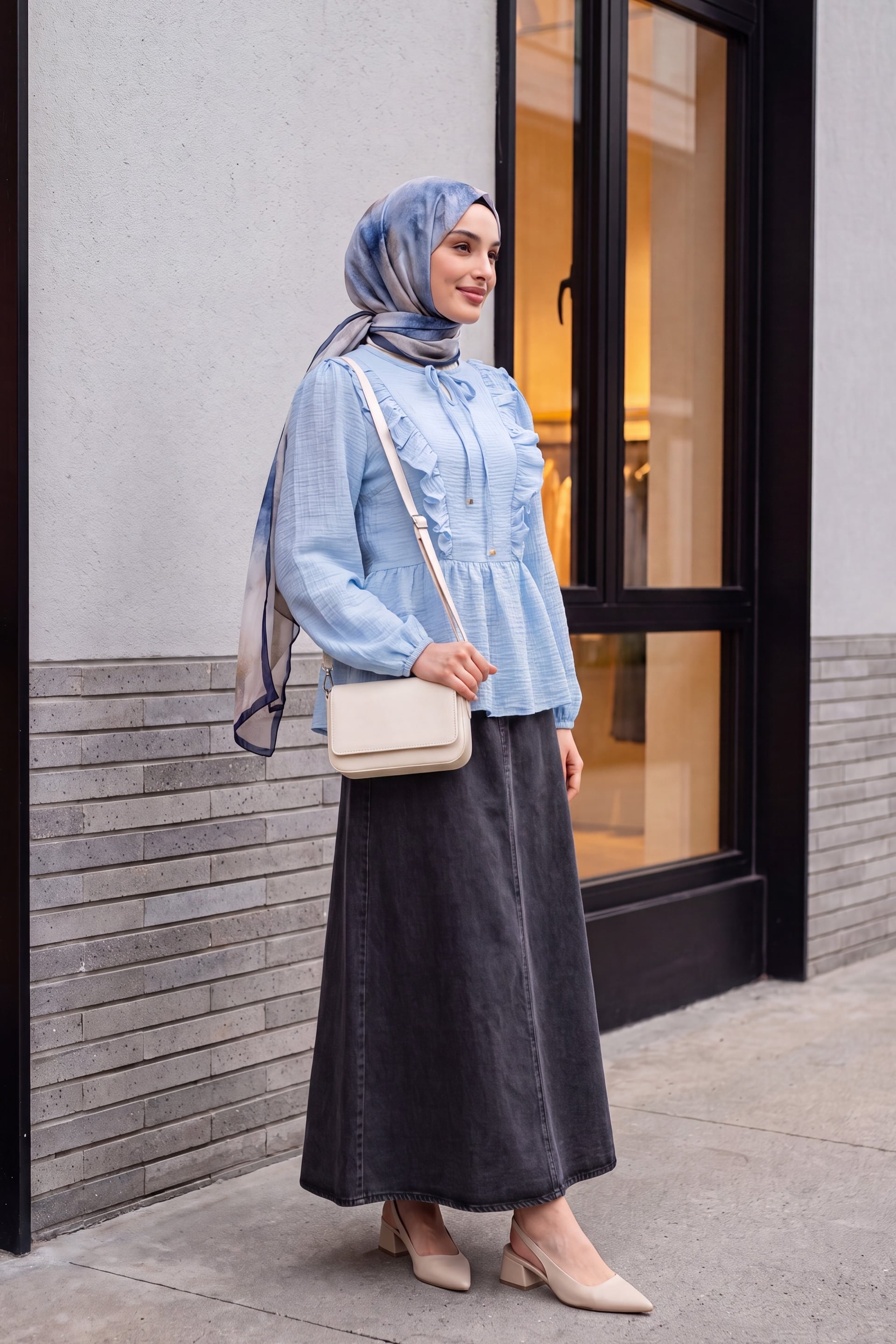 Crinkle Blouse with Tie Neck and Ruffled Front - Baby Blue - Podyumplus - by Peralane - photo 4