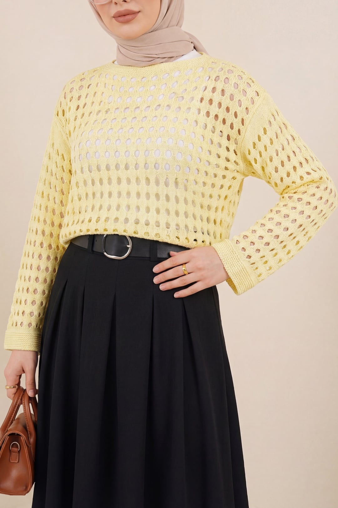 Boat Neck Open-Weave Knit Sweater - Light Yellow - Podyumplus - by Peralane - photo 3