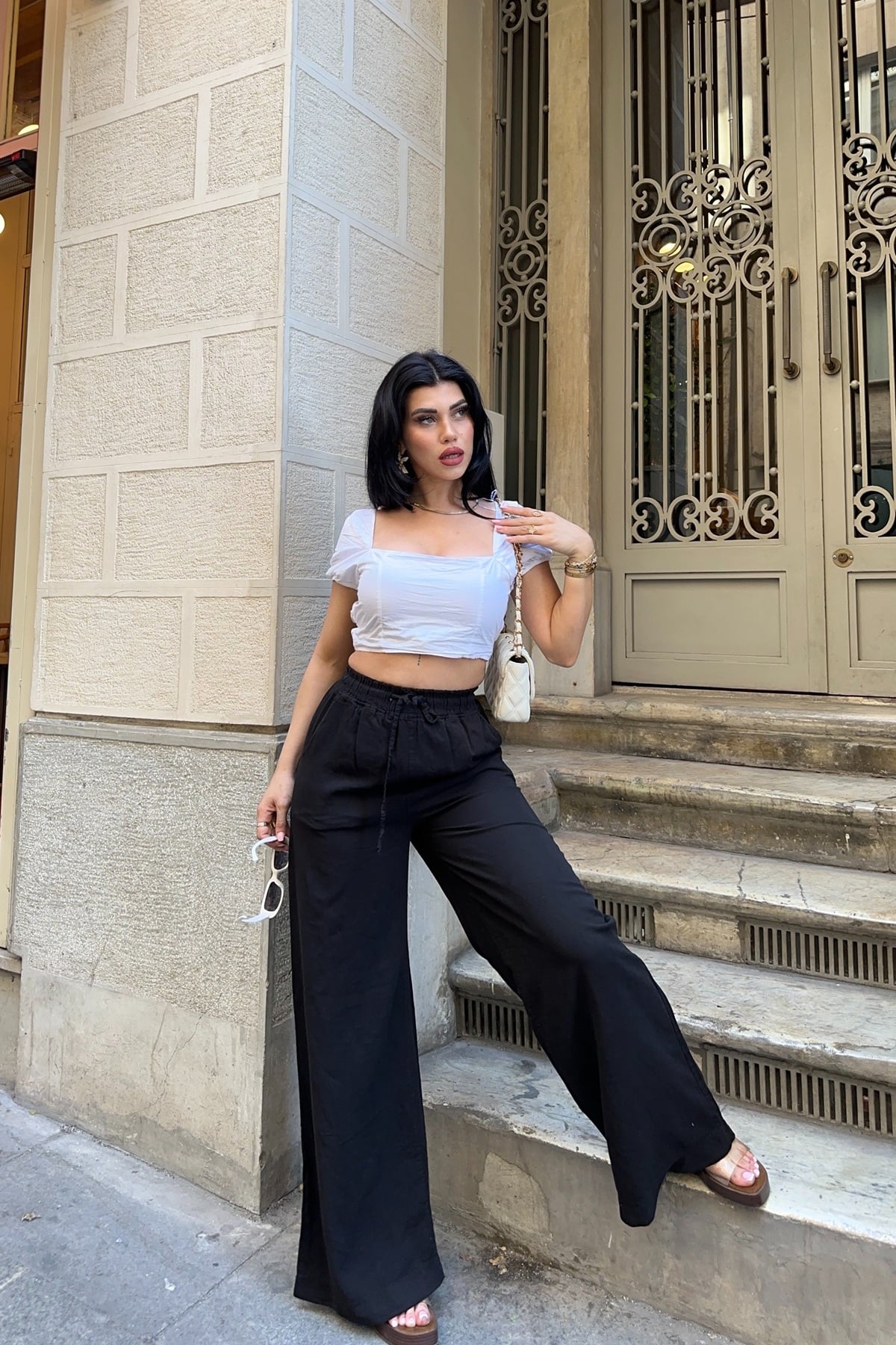 Elastic Waist Palazzo Trousers HS708 Black - Xlove - by Peralane