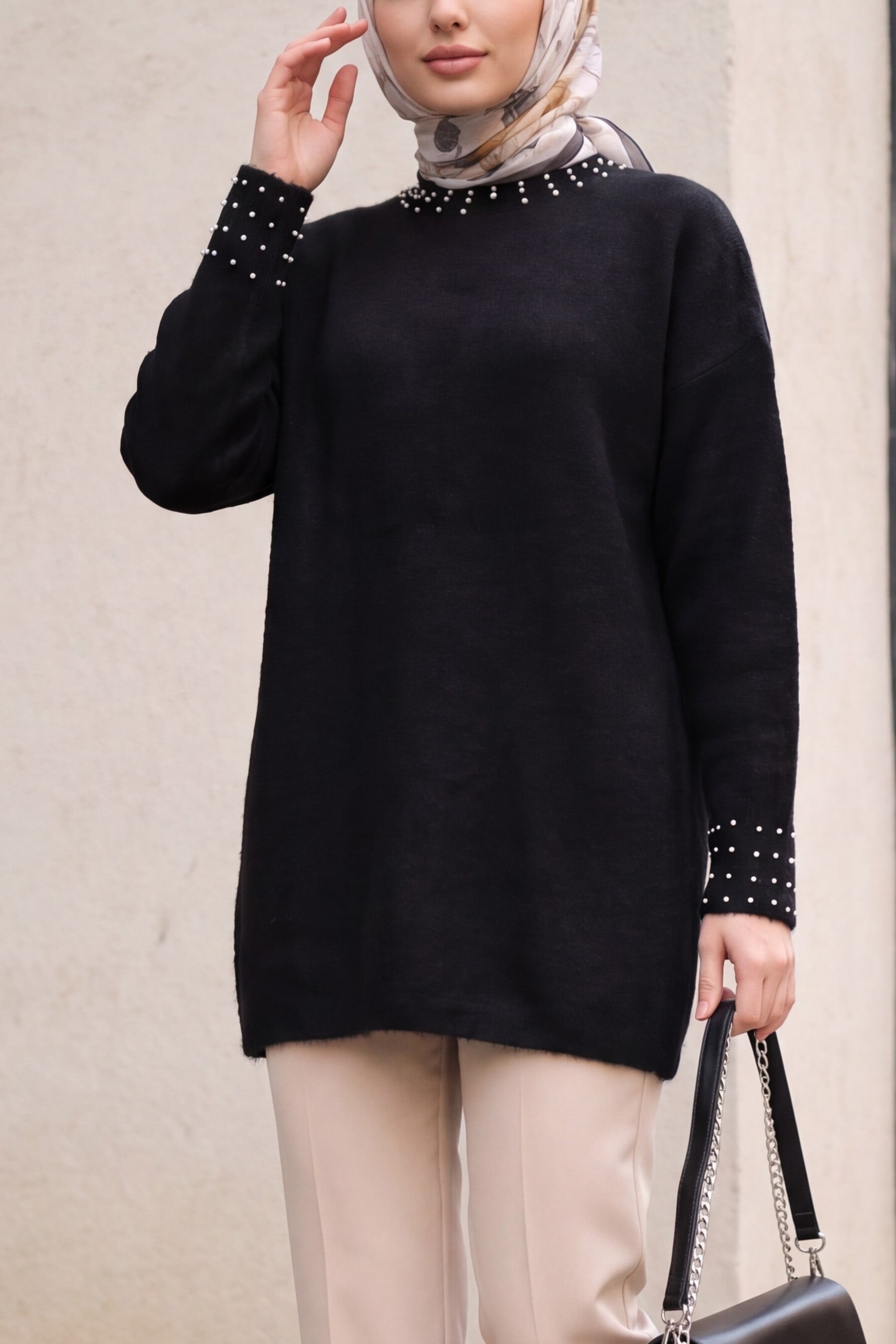 Black Knit Tunic with Pearl Detail Neck and Cuffs - Podyumplus - by Peralane