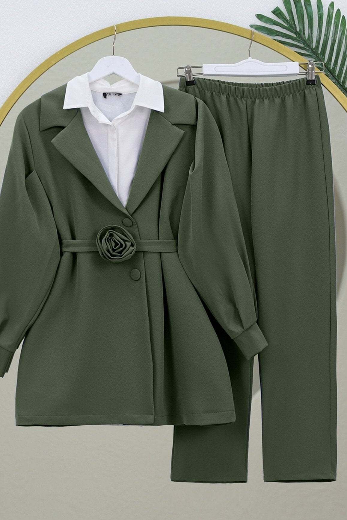 Rose Detail Belted Double-Breasted Blazer and Trousers Set - Olive Green - Podyumplus - by Peralane - photo 8