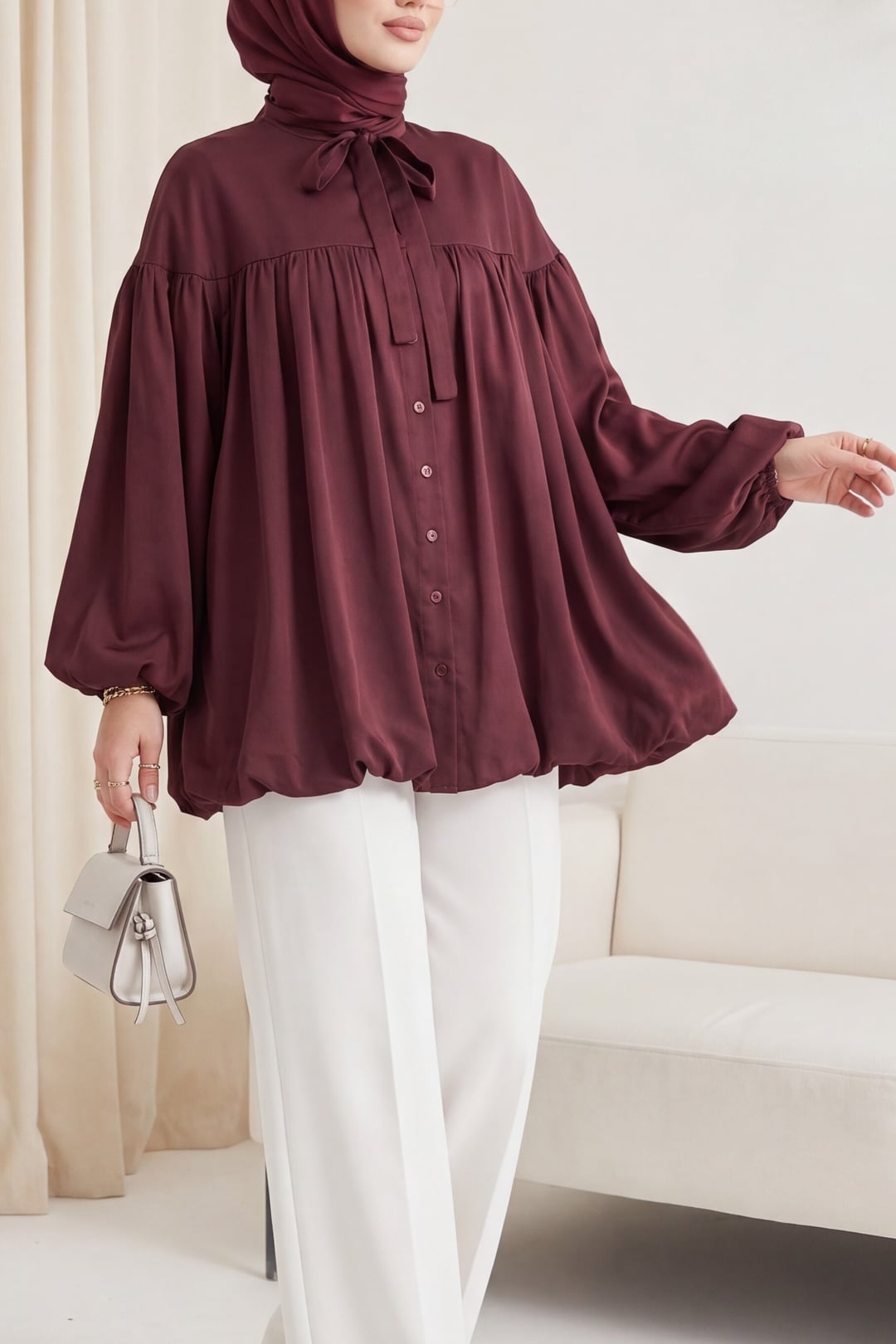 Tie-Neck Button-Front Balloon Sleeve Cupro Tunic - Deep Plum - Podyumplus - by Peralane - photo 7