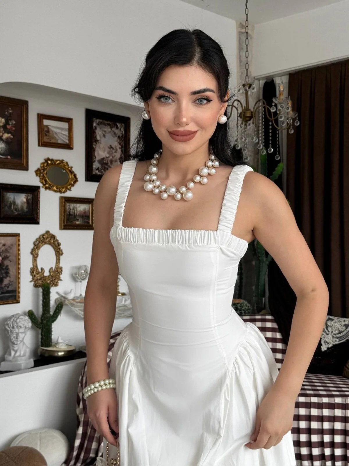 Ekru Poplin Midi Dress with Square Neckline and Ruched Straps - Etika - by Peralane - photo 5
