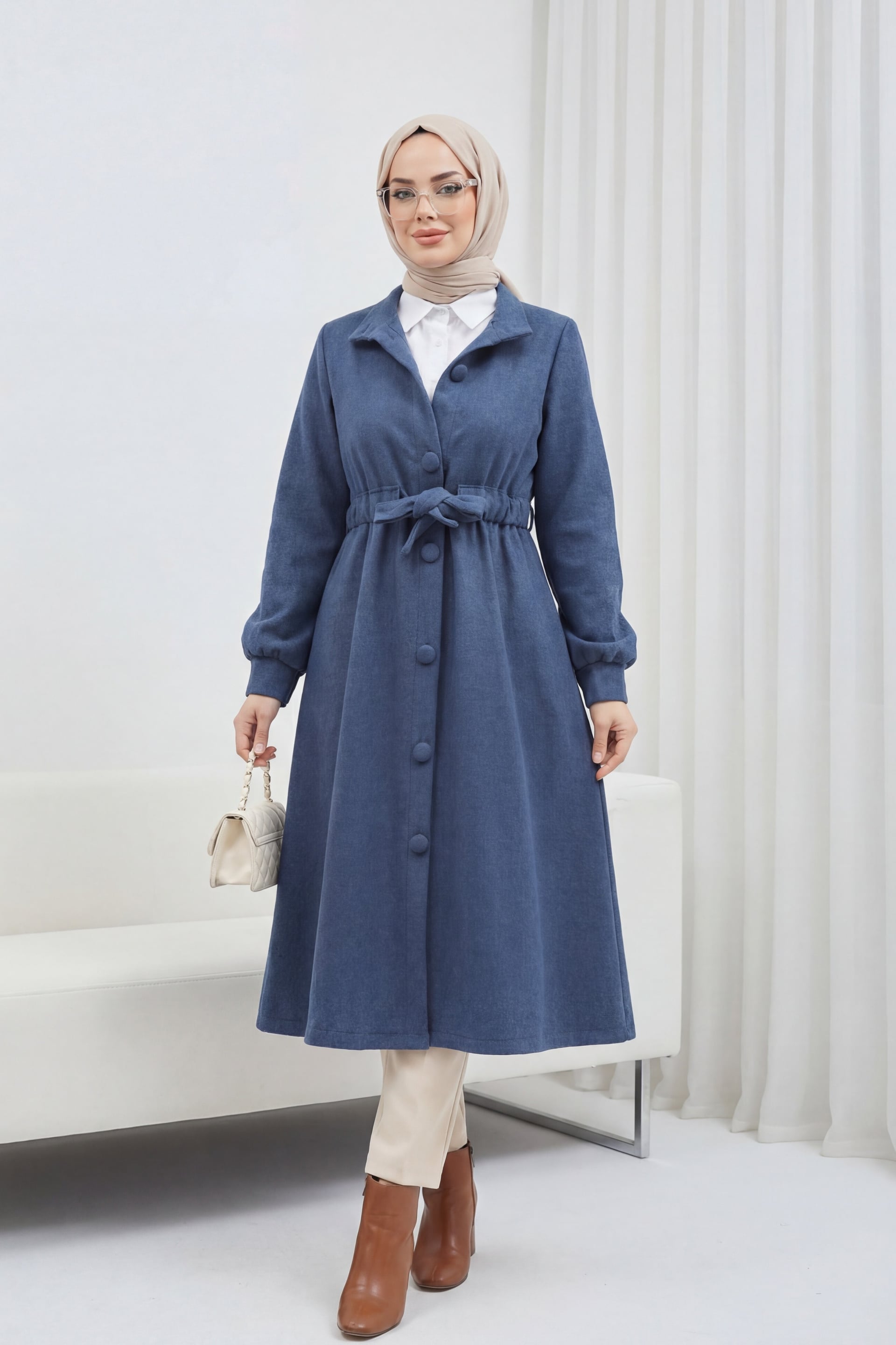 Belted Double-Breasted Wool Coat - Navy - Podyumplus - by Peralane