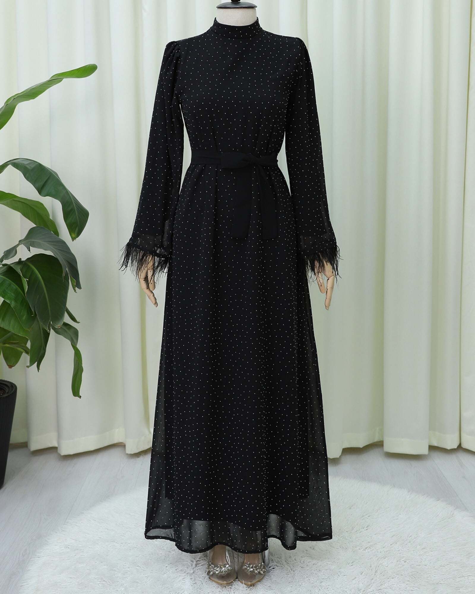 Feather Trim Sleeve Polka Dot Belted Dress - Black - Podyumplus - by Peralane - photo 3