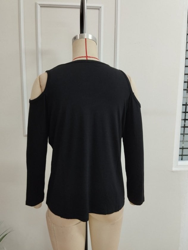 Women's Long-Sleeved V-Neck Cold-Shoulder Viscose Blouse - Black - Janes - by Peralane - photo 5