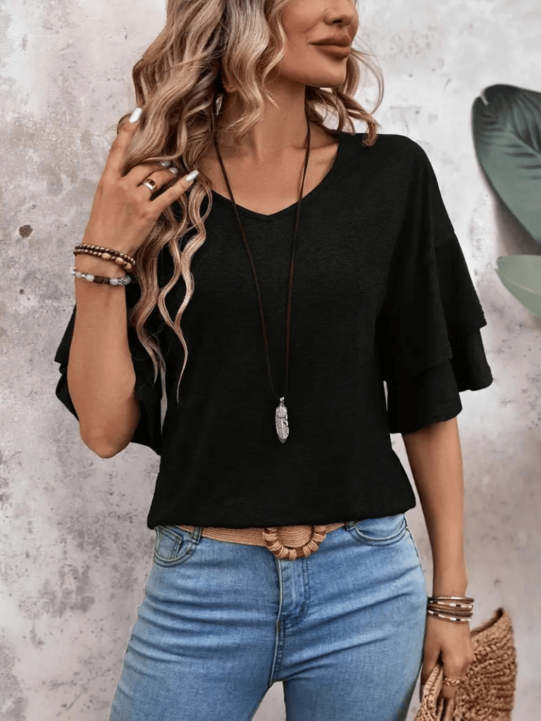 Women's Black V-Neck Short-Sleeve Flutter Sleeve T-Shirt - Janes - by Peralane - photo 3